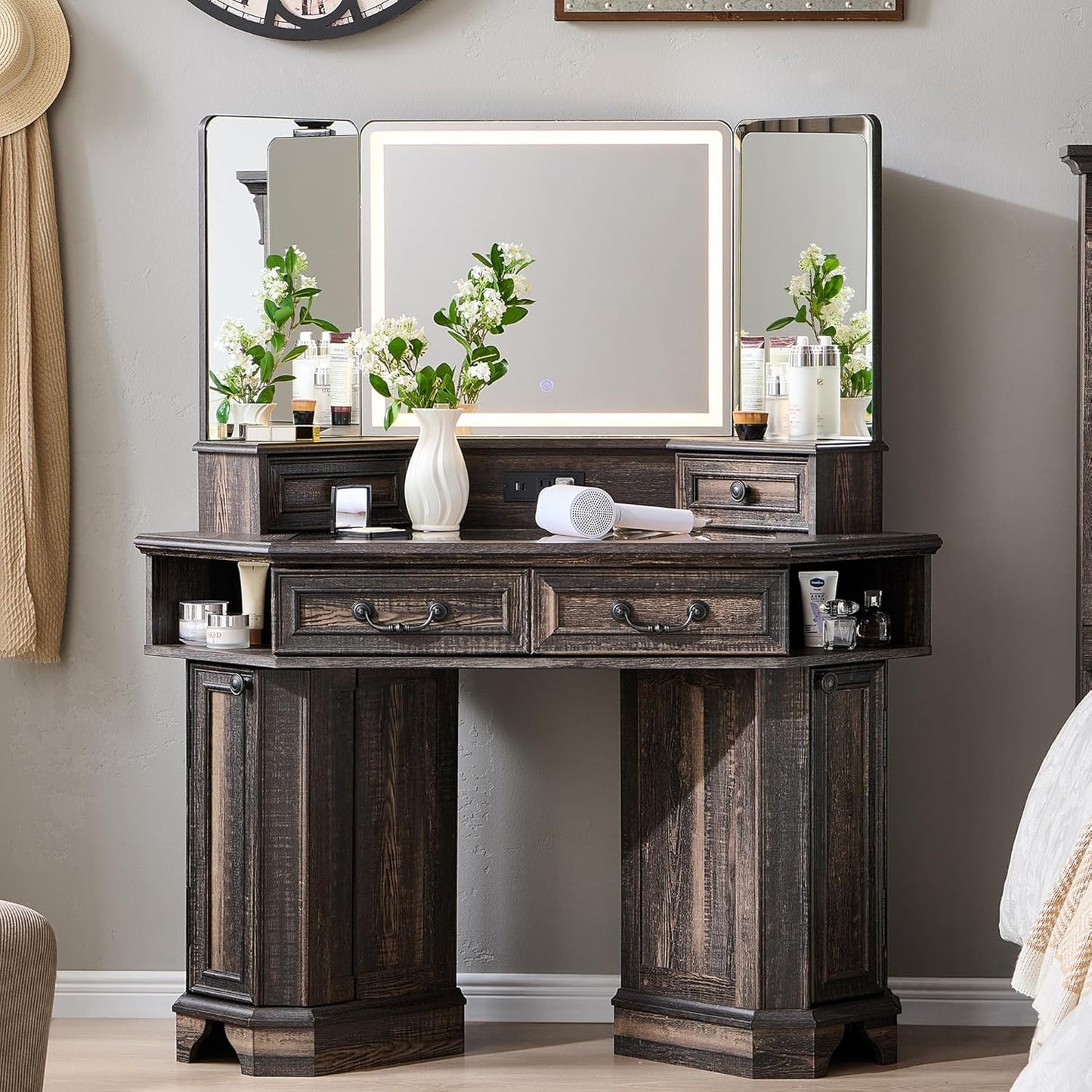 T4TREAM Makeup Vanity Desk 48" with 3 Way Mirror and Lights, Large Farmhouse Corner Vanity Dressing Table with Glass Top & Charging Station, 3 Drawers & 2 Storage Cabinets for Bedroom, Antique White
