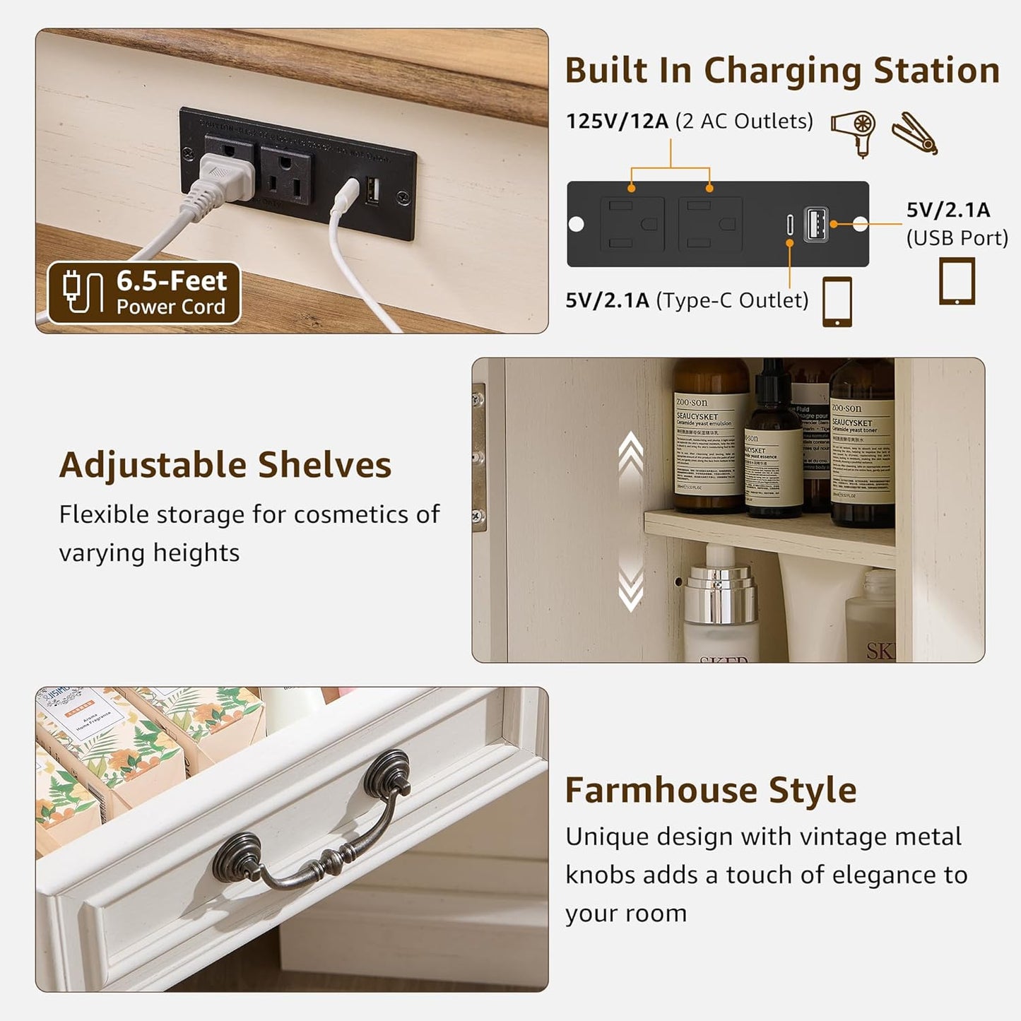 T4TREAM Makeup Vanity Desk 48" with 3 Way Mirror and Lights, Large Farmhouse Corner Vanity Dressing Table with Glass Top & Charging Station, 3 Drawers & 2 Storage Cabinets for Bedroom, Antique White