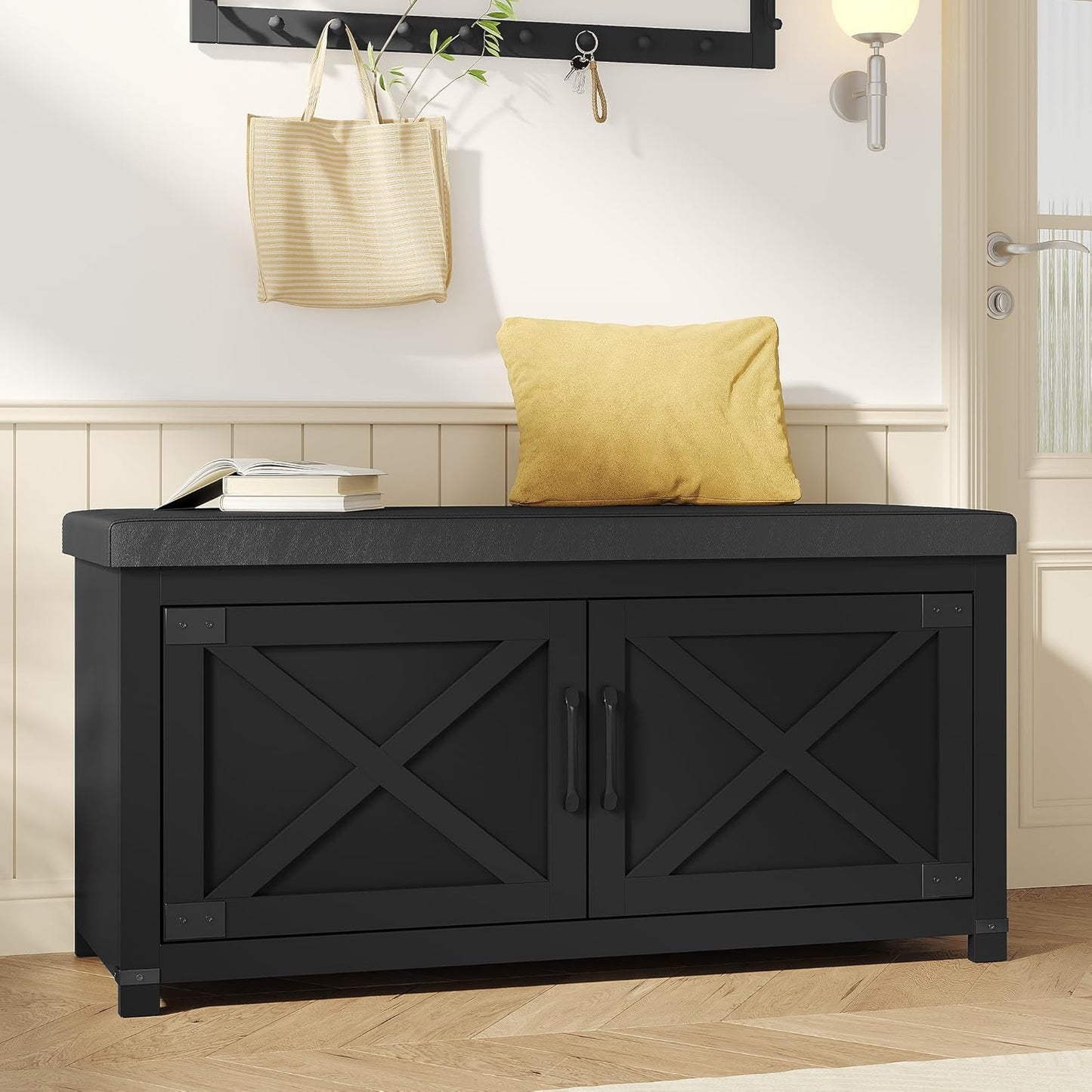Farmhouse Shoe Storage Bench, 2 Tier Shoe Bench with Padded Seat Cushion & 4 Barn Doors, 59" Entryway Bench with Adjustable Shelf, Shoe Cabinet for Living Room, Bedroom, White SB31503GY