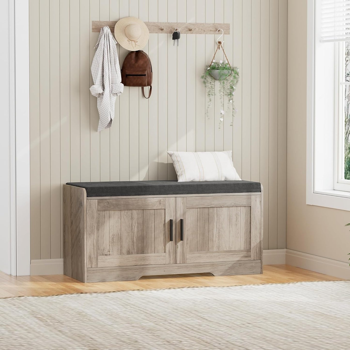 2-Tier Storage Bench, Shoe Bench with Thickened Padded Seat Cushion, Entryway Bench with 4 Doors, Adjustable Shelf, 13.8" D x 45.3" W x 18.5" H, for Entryway, Living Room, Bedroom, White