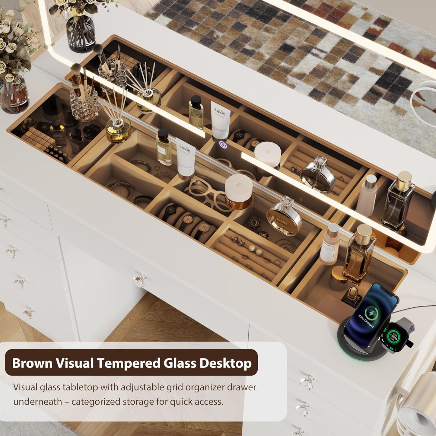 Vanity Desk with Mirror and Lights, 11 Drawers Makeup Vanity Desk with Tempered Glass top, 3 Lighting Modes Adjustable Brightness, White Vanity with Magnetic 5X Magnifier for Bedroom
