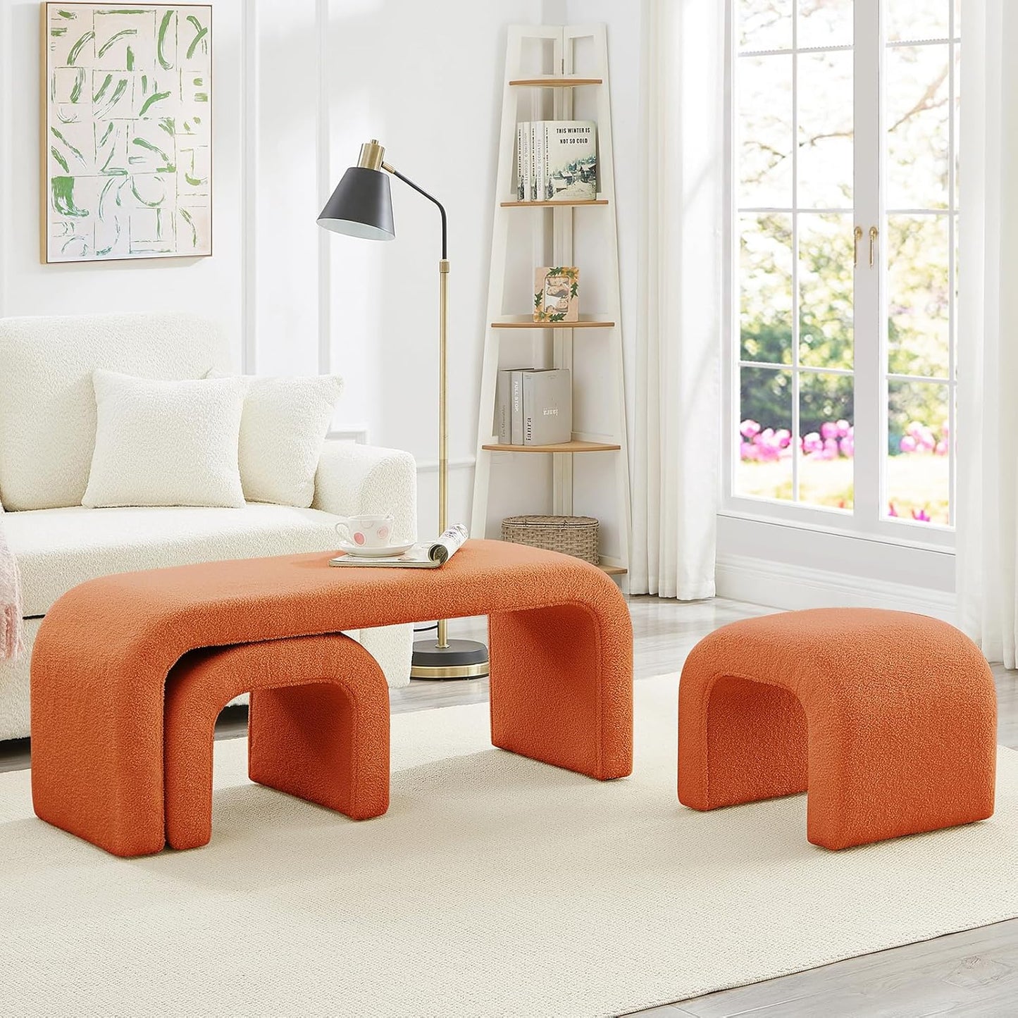 3-Piece Modern Ottoman Bench Set, 44" Wide Teddy Upholstered End of Bed Bench with 2 Foot Stools, Padded U-Shaped Entry Bench Vanity Stool for Living Room Bedroom (Dark Green)