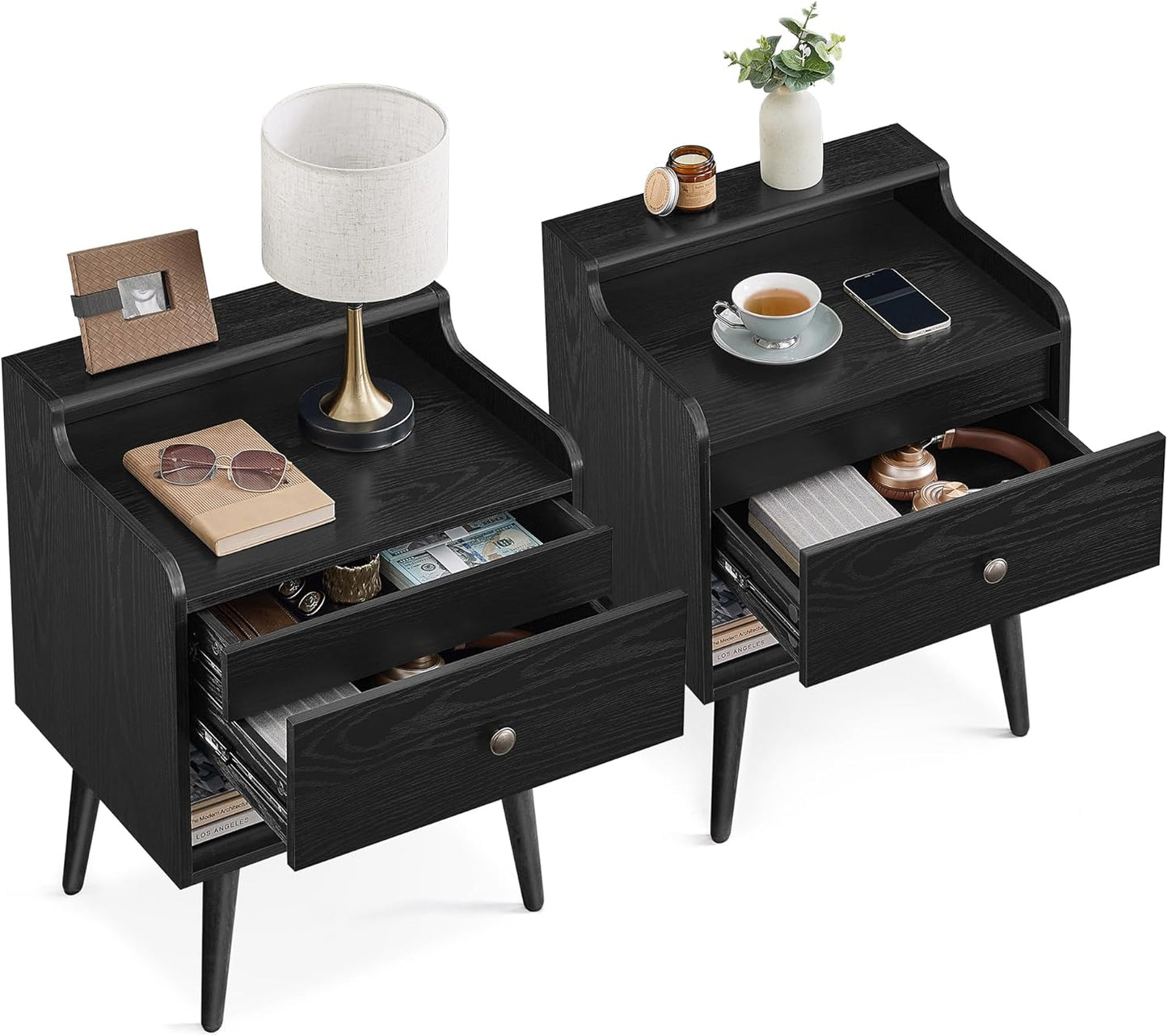VASAGLE Nightstands, Set of 2, Bedside Tables with Hidden Drawers, Mid-Century End Side Tables with Solid Wood Legs, for Bedroom, Natural Walnut ULET624K01