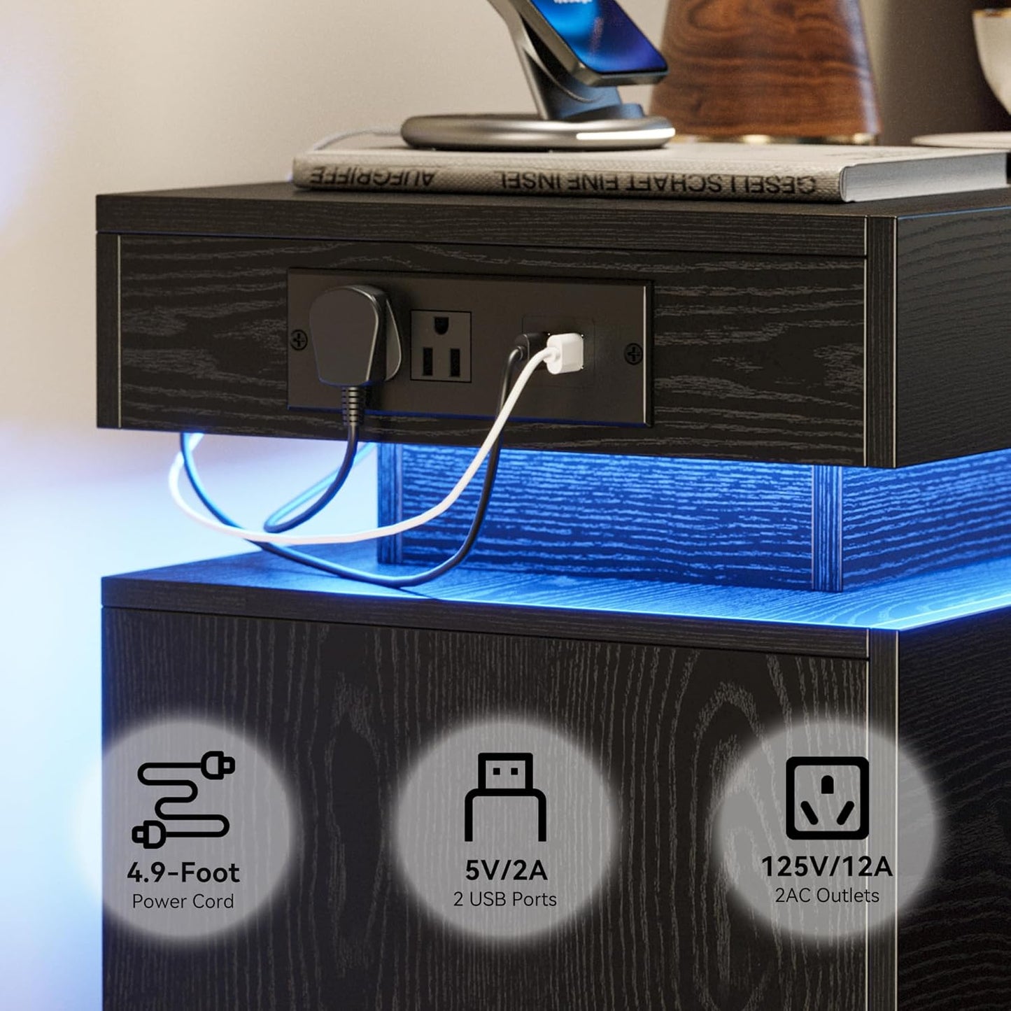 LIKIMIO Night Stand Set of 2, Modern Black Nightstand with with Charging Station, Bedside Tables with LED Light and Drawers, End Table for Bedroom, Livingroom