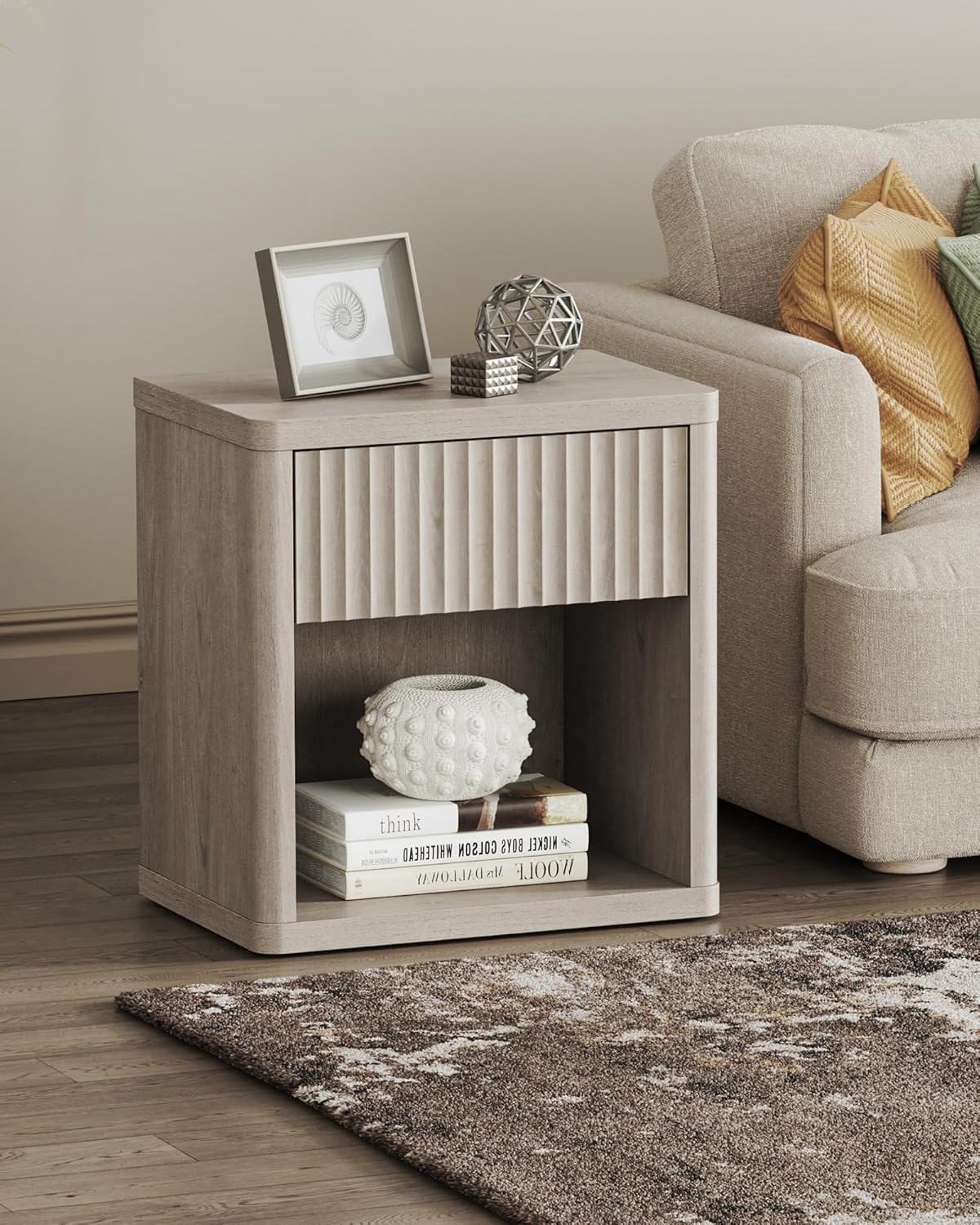 SICOTAS Night Stand Set of 2 Nightstands with Drawer Storage Fluted Bed Side Table End Table Large Modern Wide Bedside Stand Mid Century Night Stands for Bedroom Living Room Sofa Office, White Alder