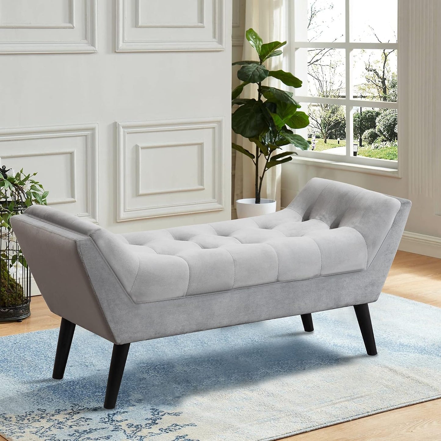 Andeworld Upholstered Tufted Small Cute Bench Ottoman for Entryway Foyer Bathroom Vanity Bedroom (One Seater, Velvet Grey)