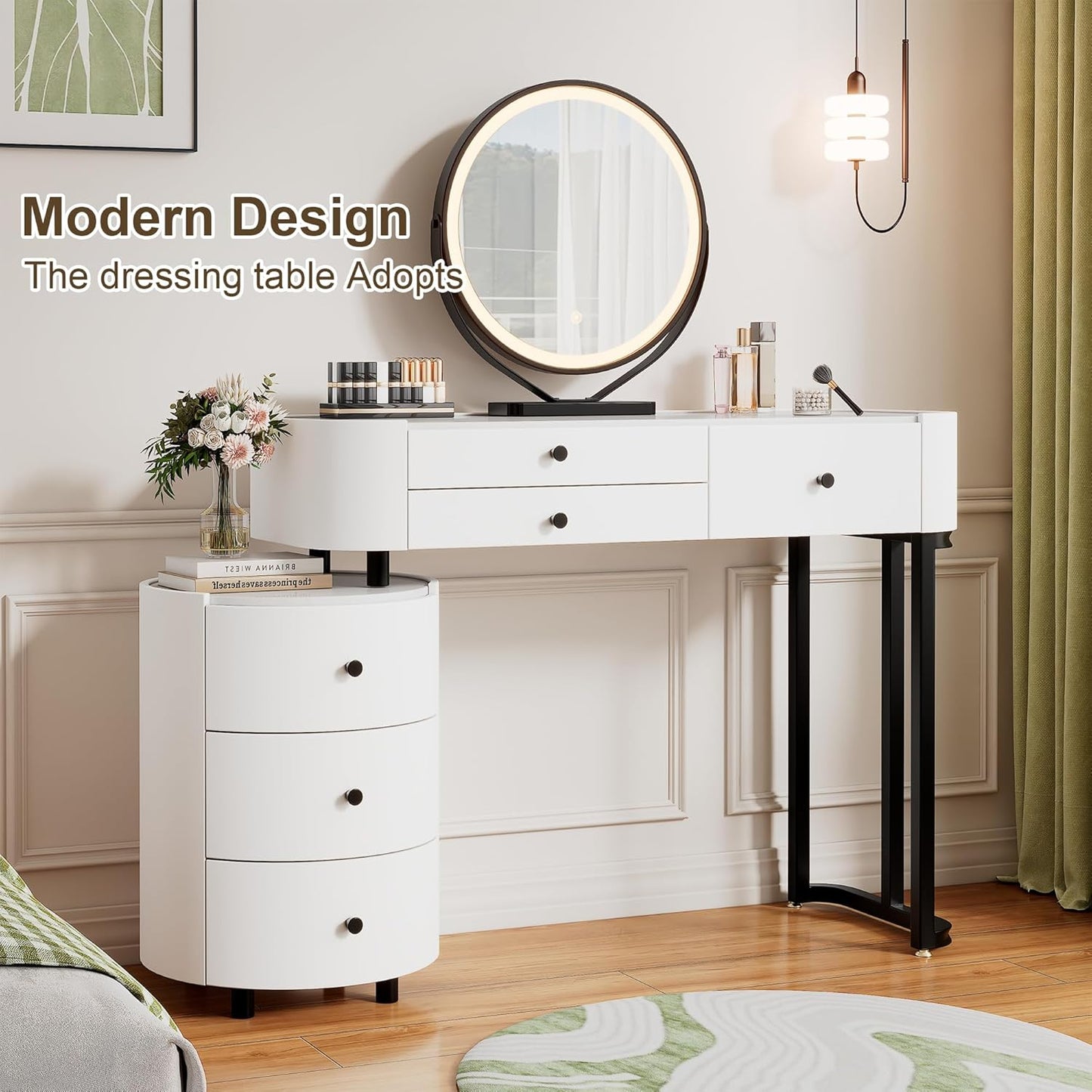 Furnistar Vanity Desk with Mirror and Lights | Small Makeup Vanity with 6 Drawers | Dressing Table Adjustable | Modern Makeup Table for Bedroom (White)