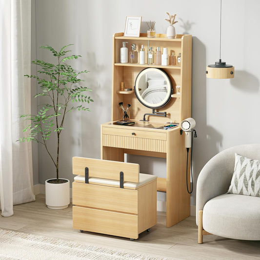 IRONCK Vanity Desk with Adjustable Makeup Mirror and LED Lights, Modern Glass Top with Storage Drawers & Shelves, Hidden Stool Storage, Dressing Table Set w/Charging Station for Bedroom, Oak