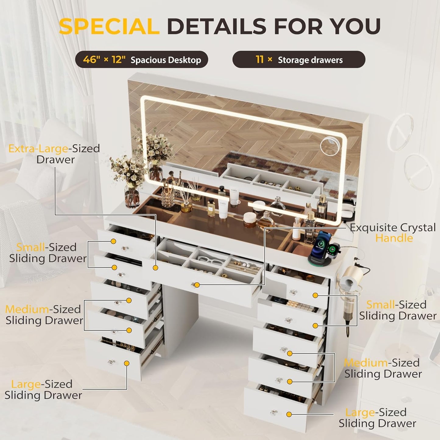Vanity Desk with Mirror and Lights, 11 Drawers Makeup Vanity Desk with Tempered Glass top, 3 Lighting Modes Adjustable Brightness, White Vanity with Magnetic 5X Magnifier for Bedroom