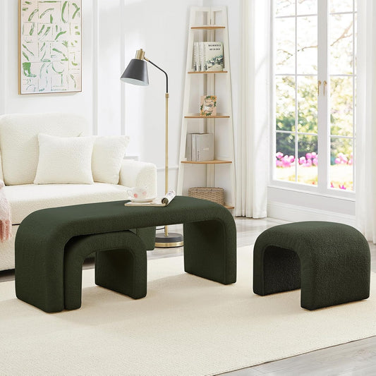3-Piece Modern Ottoman Bench Set, 44" Wide Teddy Upholstered End of Bed Bench with 2 Foot Stools, Padded U-Shaped Entry Bench Vanity Stool for Living Room Bedroom (Dark Green)