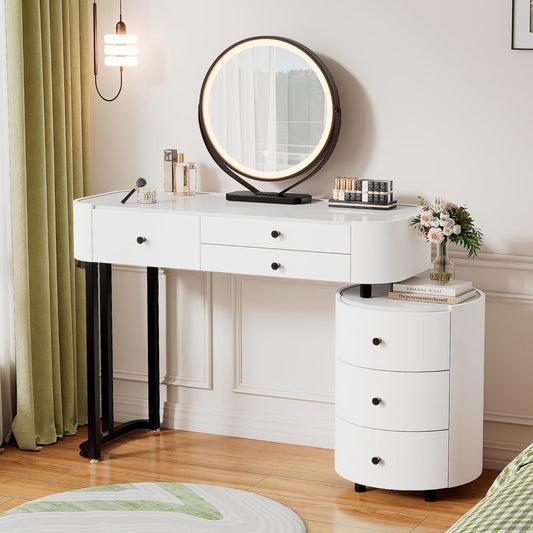 Furnistar Vanity Desk with Mirror and Lights | Small Makeup Vanity with 6 Drawers | Dressing Table Adjustable | Modern Makeup Table for Bedroom (White)