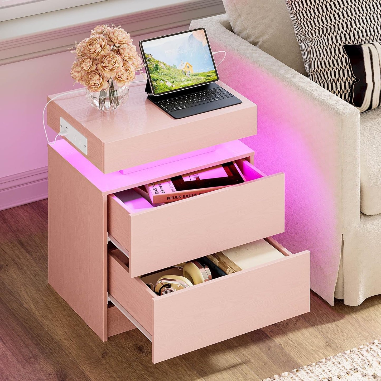 LIKIMIO Night Stand Set of 2, Modern Black Nightstand with with Charging Station, Bedside Tables with LED Light and Drawers, End Table for Bedroom, Livingroom