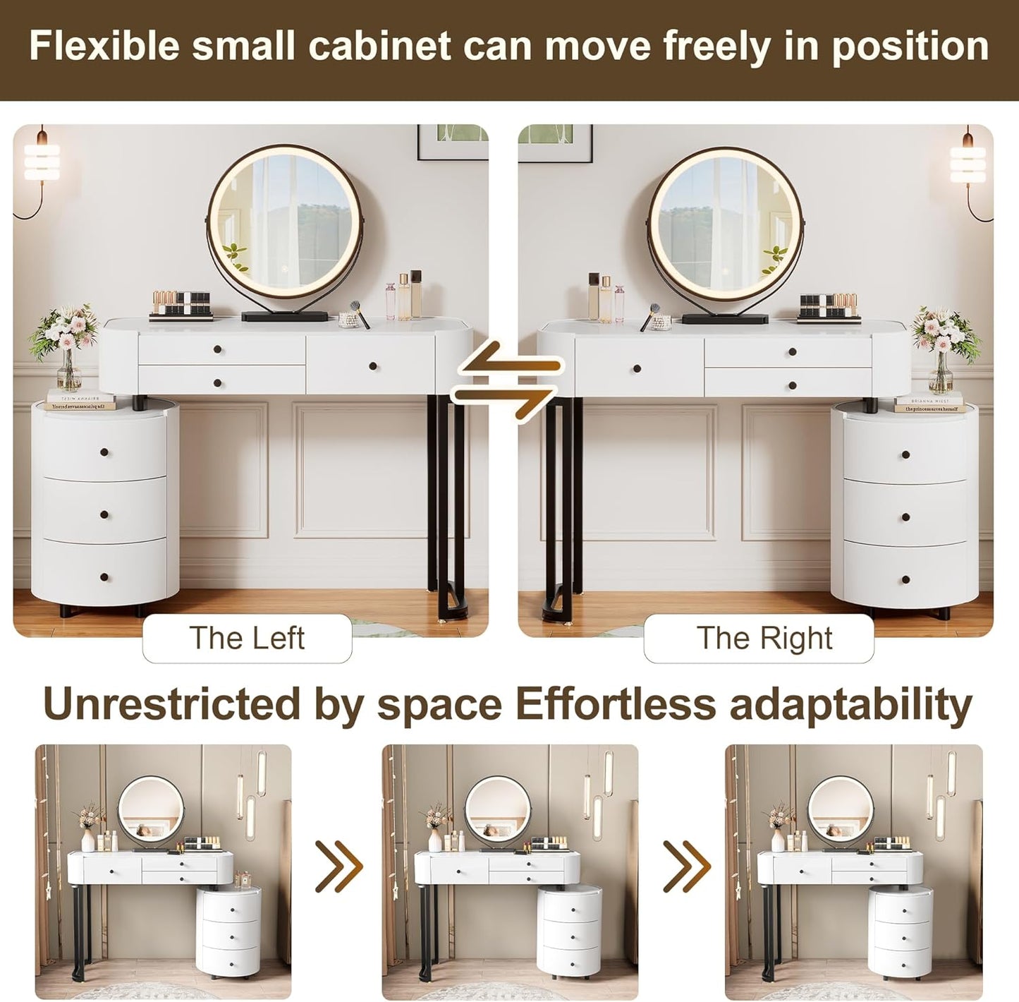 Furnistar Vanity Desk with Mirror and Lights | Small Makeup Vanity with 6 Drawers | Dressing Table Adjustable | Modern Makeup Table for Bedroom (White)