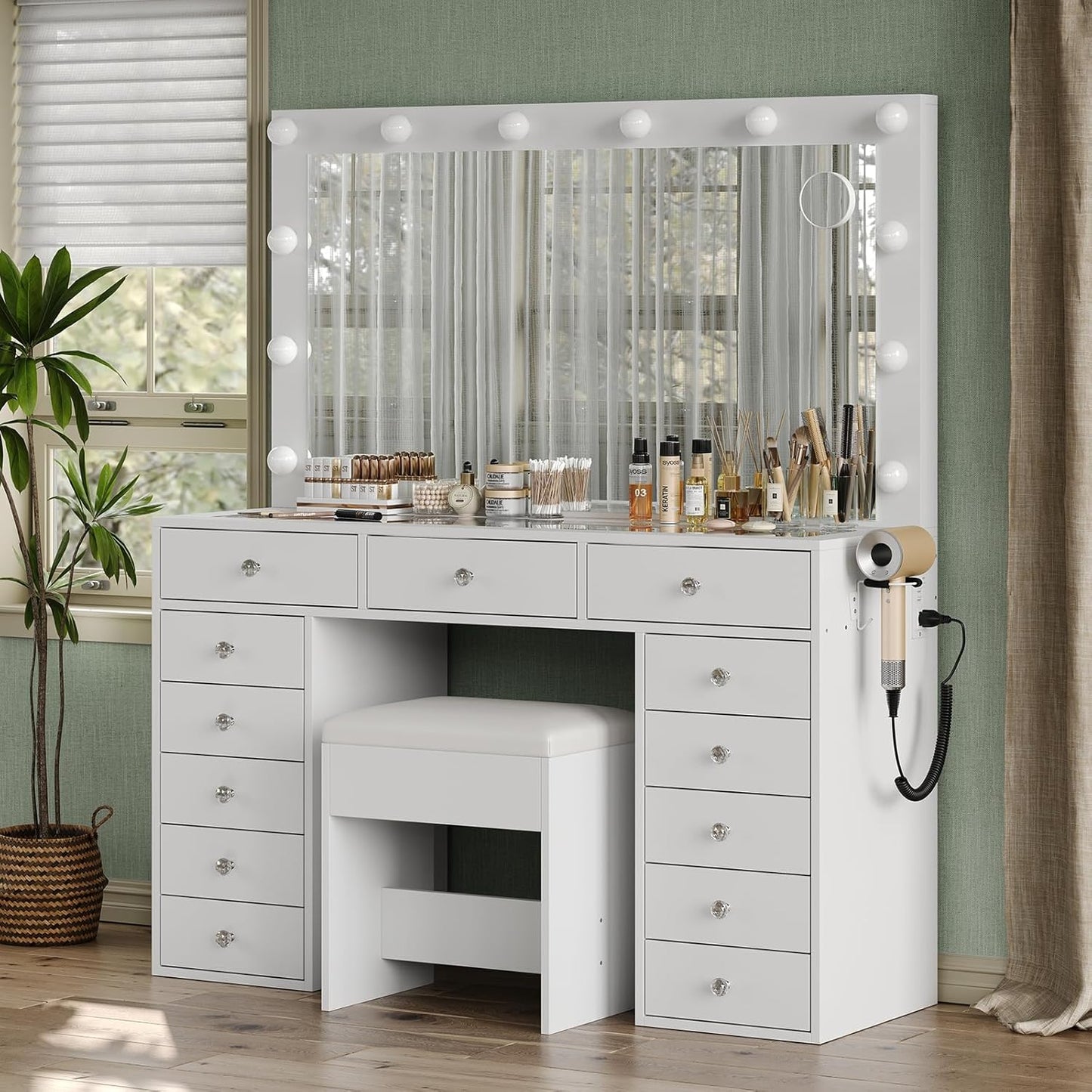 13 Drawers Vanity Desk, 47''W Makeup Vanity with Power Outlet, Vanity Table with Mirror and 12 LED Bulbs, 3 Color Lighting Modes, Glass Top, Dressing Table for Bedroom (White)