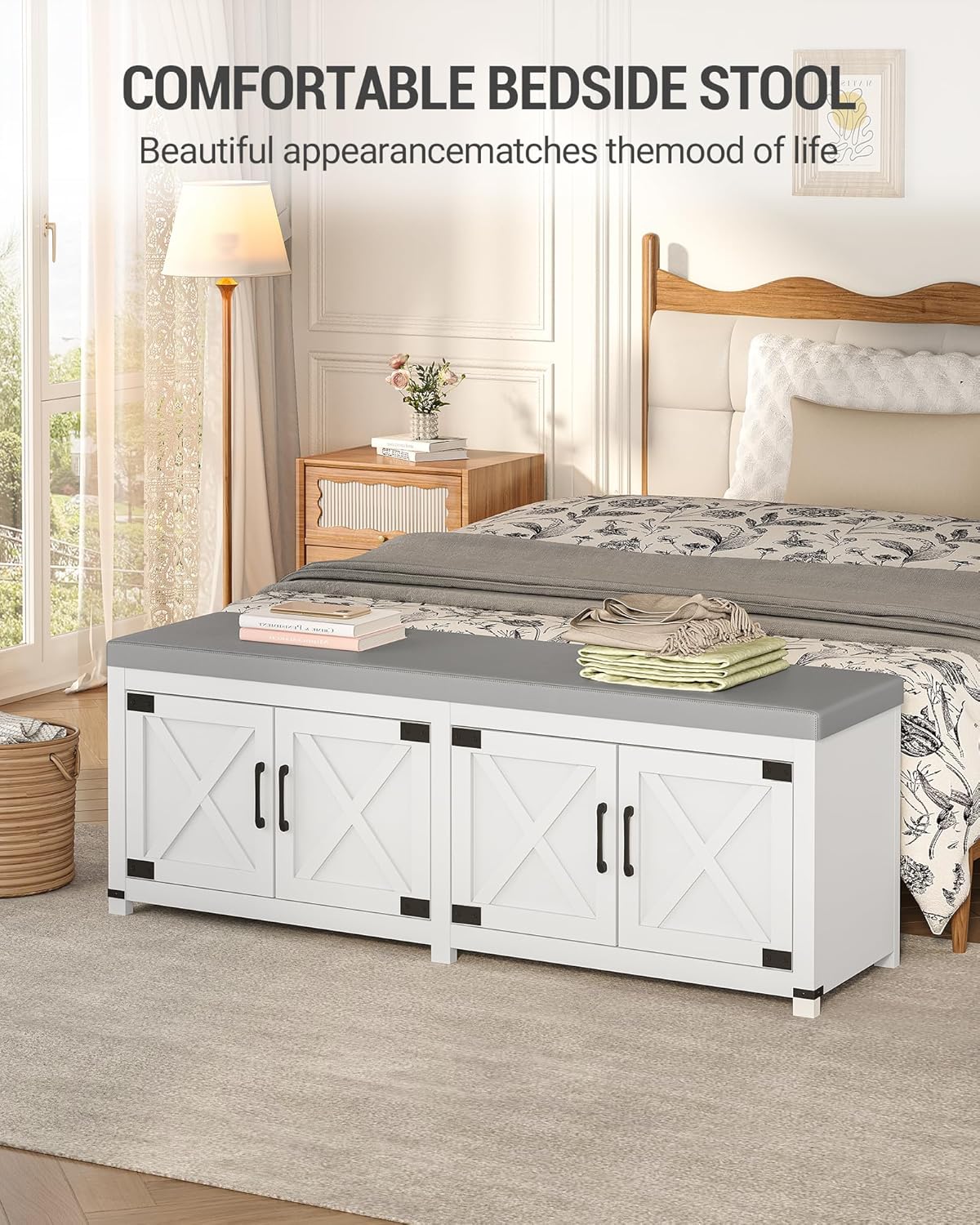 Farmhouse Shoe Storage Bench, 2 Tier Shoe Bench with Padded Seat Cushion & 4 Barn Doors, 59" Entryway Bench with Adjustable Shelf, Shoe Cabinet for Living Room, Bedroom, White SB31503GY