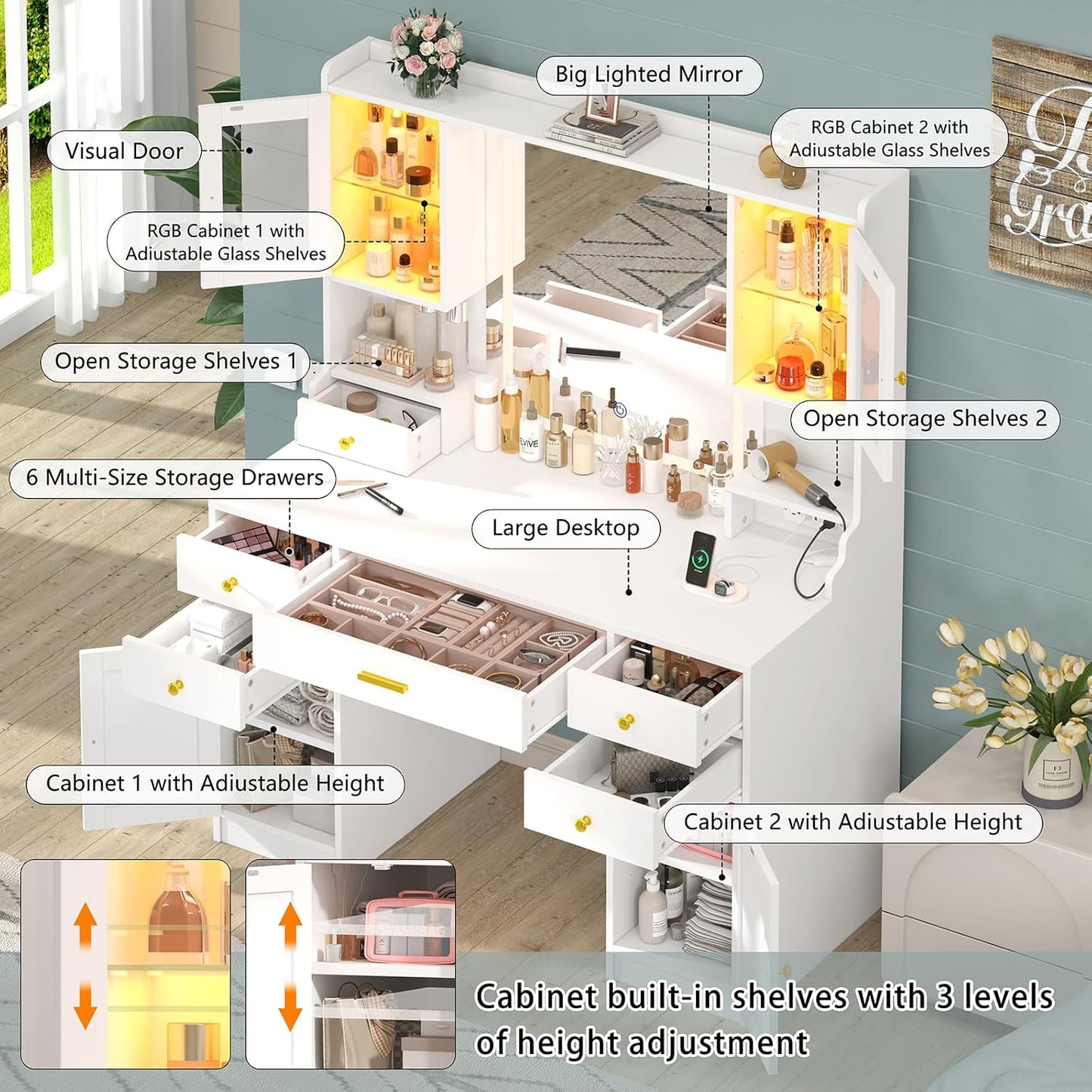 Vanity Desk with Mirror and Lights, White Makeup Vanity Table with Charging Station，Large Vanity Desk with 6 Drawers & 2 RGB Cabinet, Dressing Table Set with Lighted Mirror Adjustable, for Bedroom
