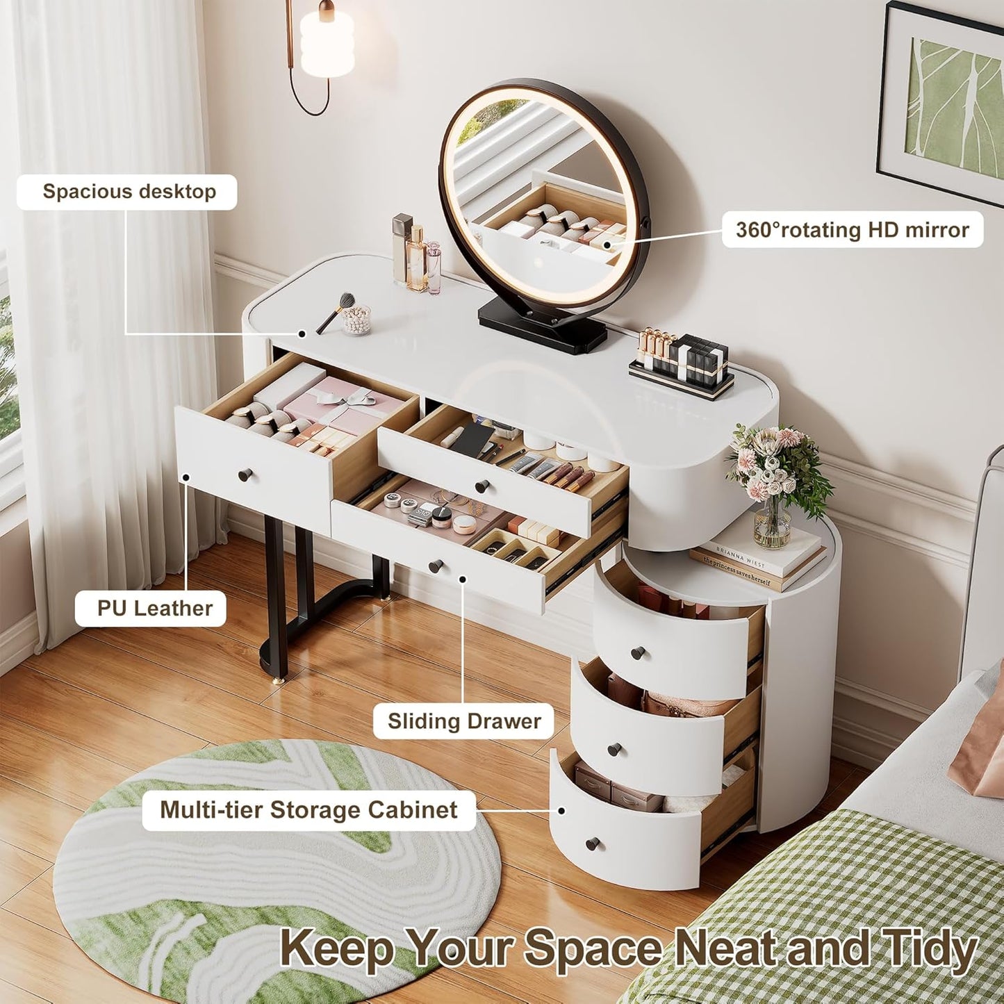 Furnistar Vanity Desk with Mirror and Lights | Small Makeup Vanity with 6 Drawers | Dressing Table Adjustable | Modern Makeup Table for Bedroom (White)