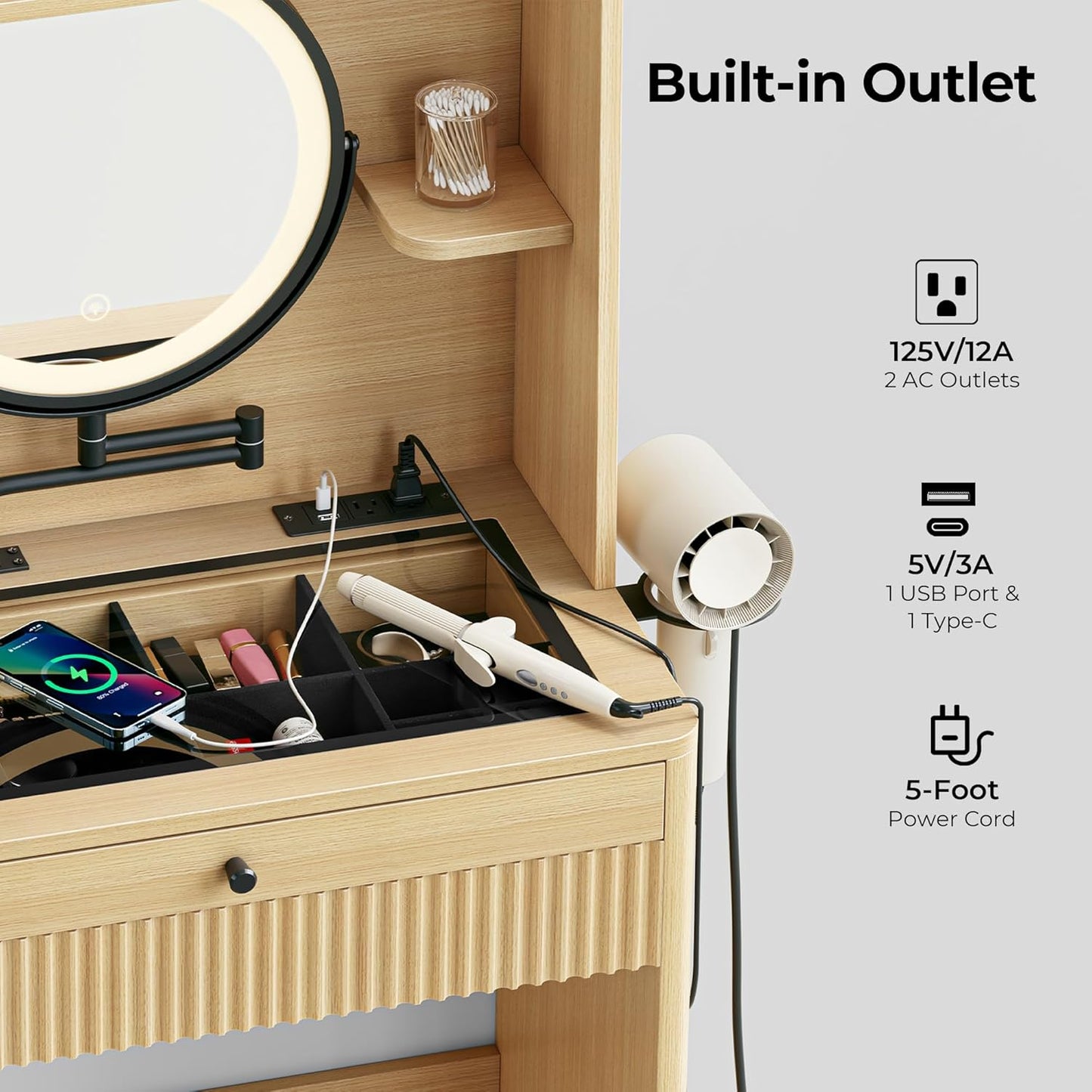 IRONCK Vanity Desk with Adjustable Makeup Mirror and LED Lights, Modern Glass Top with Storage Drawers & Shelves, Hidden Stool Storage, Dressing Table Set w/Charging Station for Bedroom, Oak