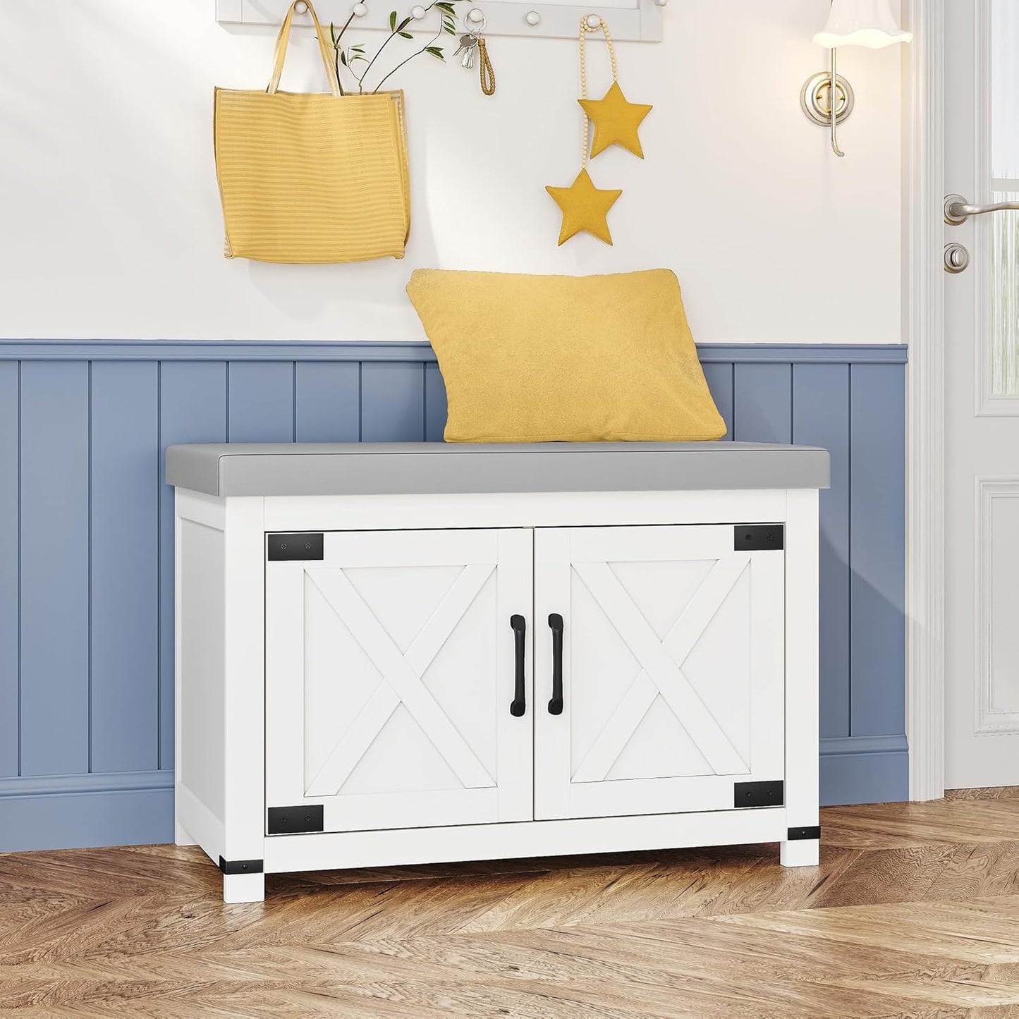 Farmhouse Shoe Storage Bench, 2 Tier Shoe Bench with Padded Seat Cushion & 4 Barn Doors, 59" Entryway Bench with Adjustable Shelf, Shoe Cabinet for Living Room, Bedroom, White SB31503GY