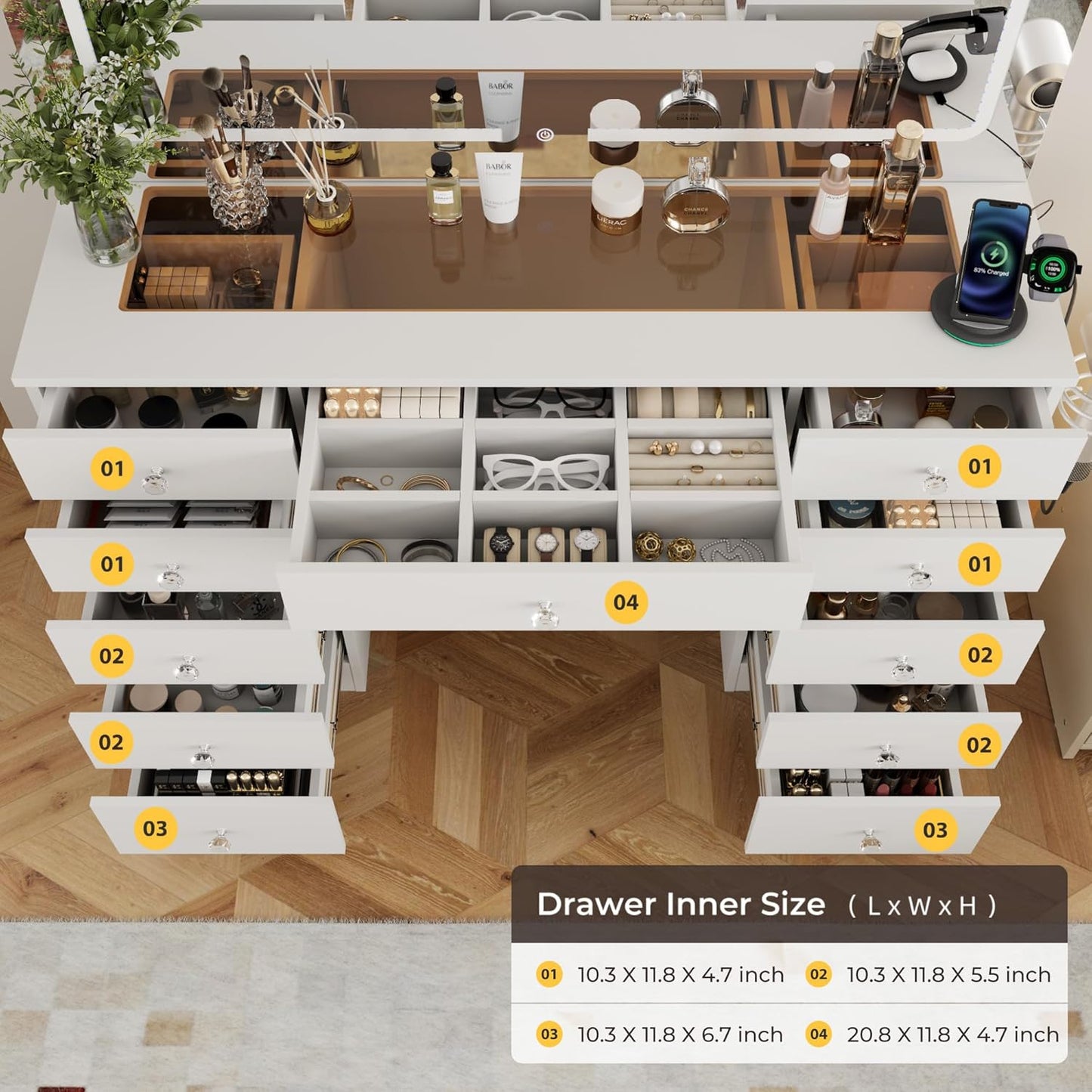 Vanity Desk with Mirror and Lights, 11 Drawers Makeup Vanity Desk with Tempered Glass top, 3 Lighting Modes Adjustable Brightness, White Vanity with Magnetic 5X Magnifier for Bedroom