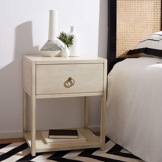 Safavieh Home Collection Yudi Antique White and Gold 1-Drawer Nightstand