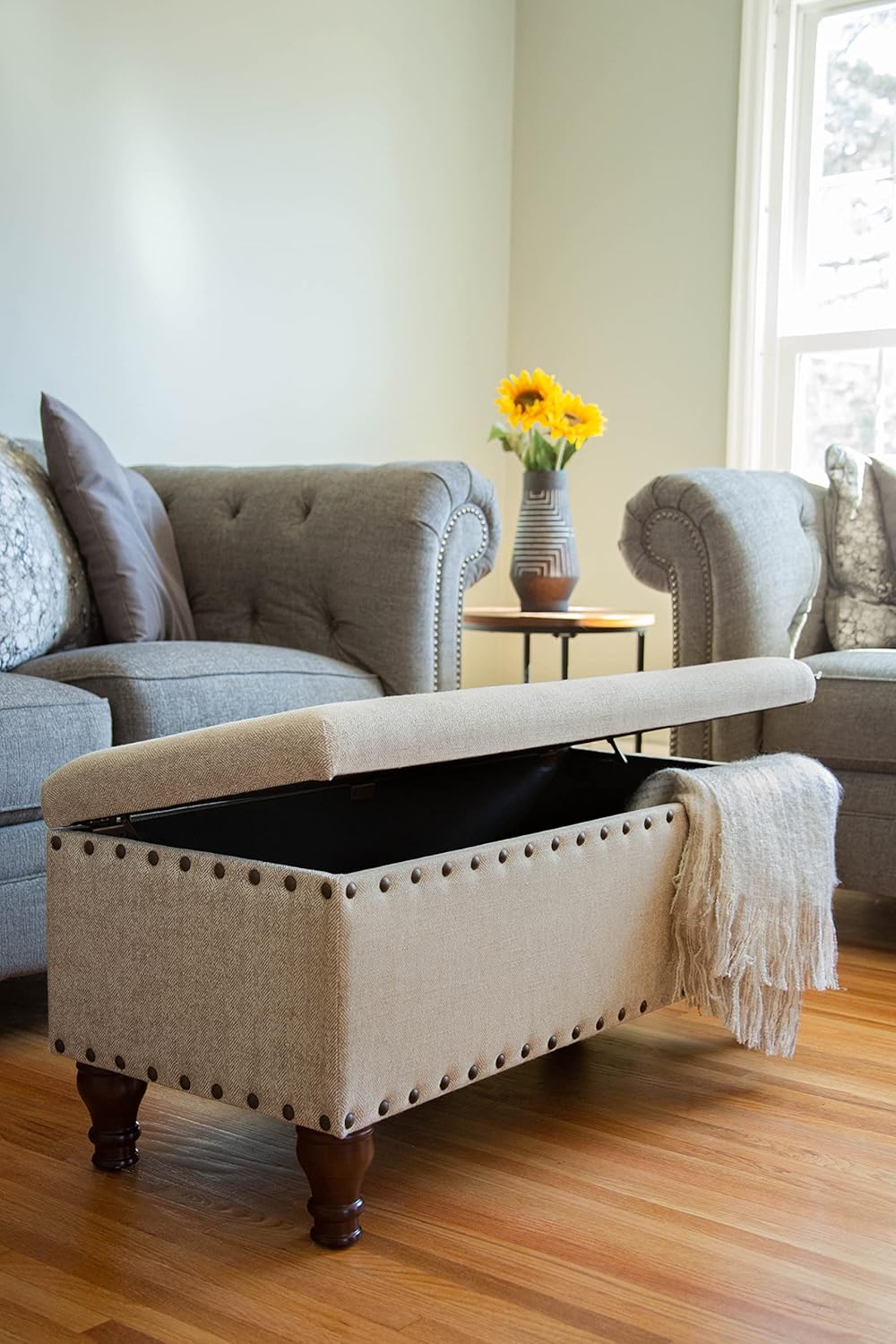 HomePop Large Storage Bench with Nailhead Trim - Taupe and Cream