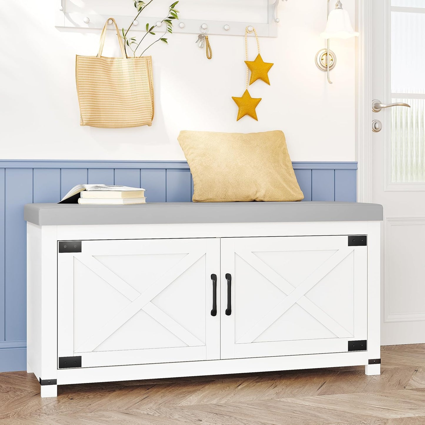 Farmhouse Shoe Storage Bench, 2 Tier Shoe Bench with Padded Seat Cushion & 4 Barn Doors, 59" Entryway Bench with Adjustable Shelf, Shoe Cabinet for Living Room, Bedroom, White SB31503GY
