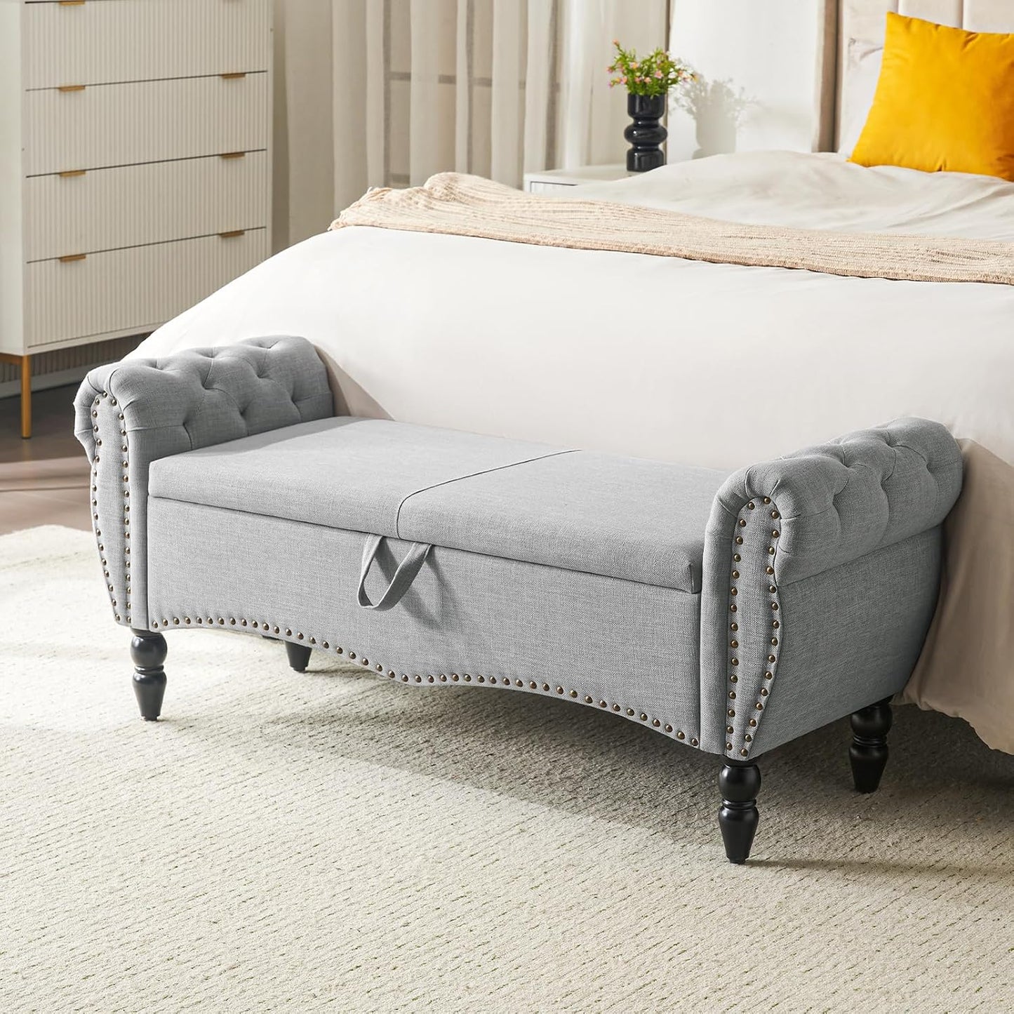 Furniliving Storage Ottoman Bench, Leather Benches End of Bed Bench with Solid Wood Legs Upholstered Ottoman Bench with Storage Indoor Bench for Living Room with Rolled Arm, Entryway, YellowBrown