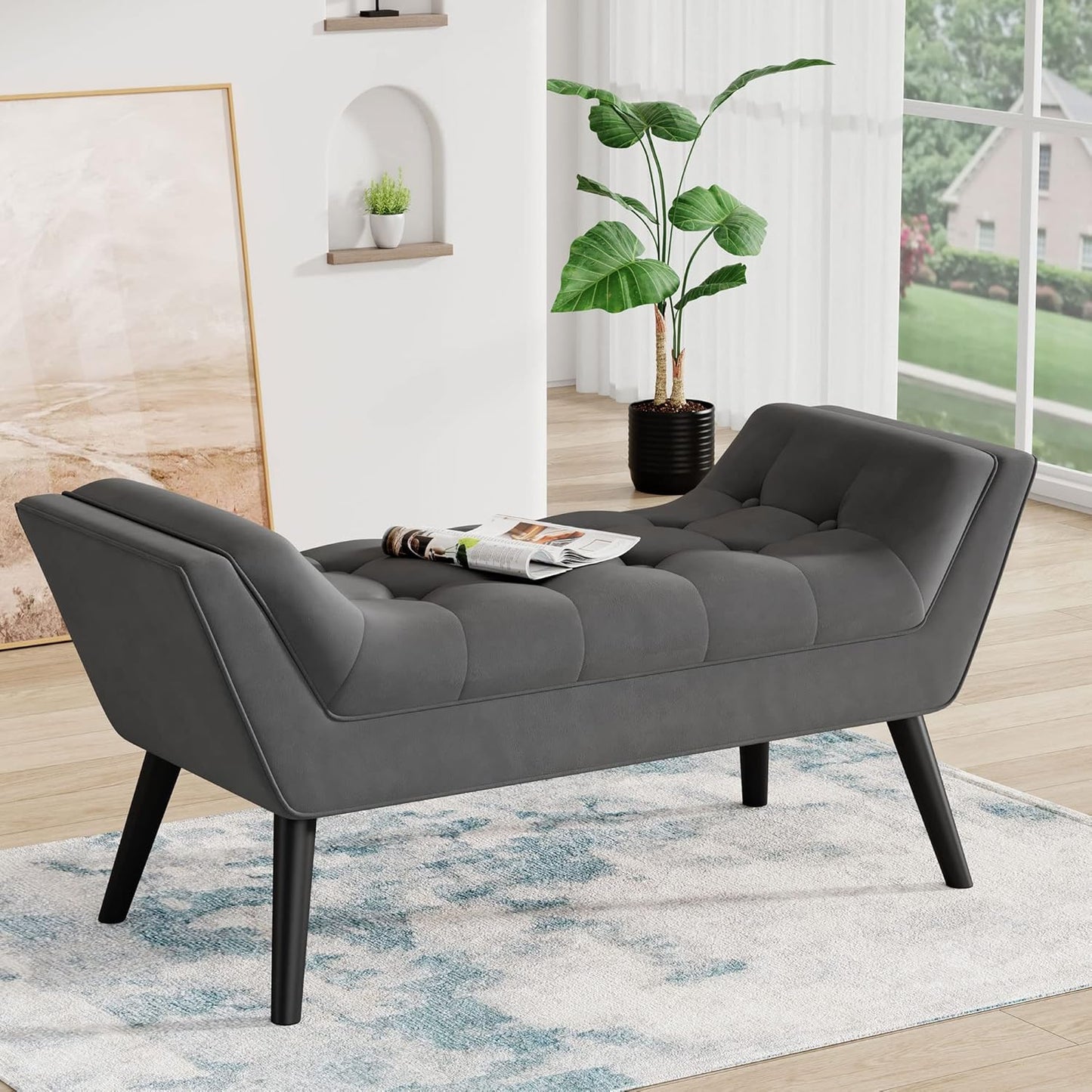 Andeworld Upholstered Tufted Small Cute Bench Ottoman for Entryway Foyer Bathroom Vanity Bedroom (One Seater, Velvet Grey)