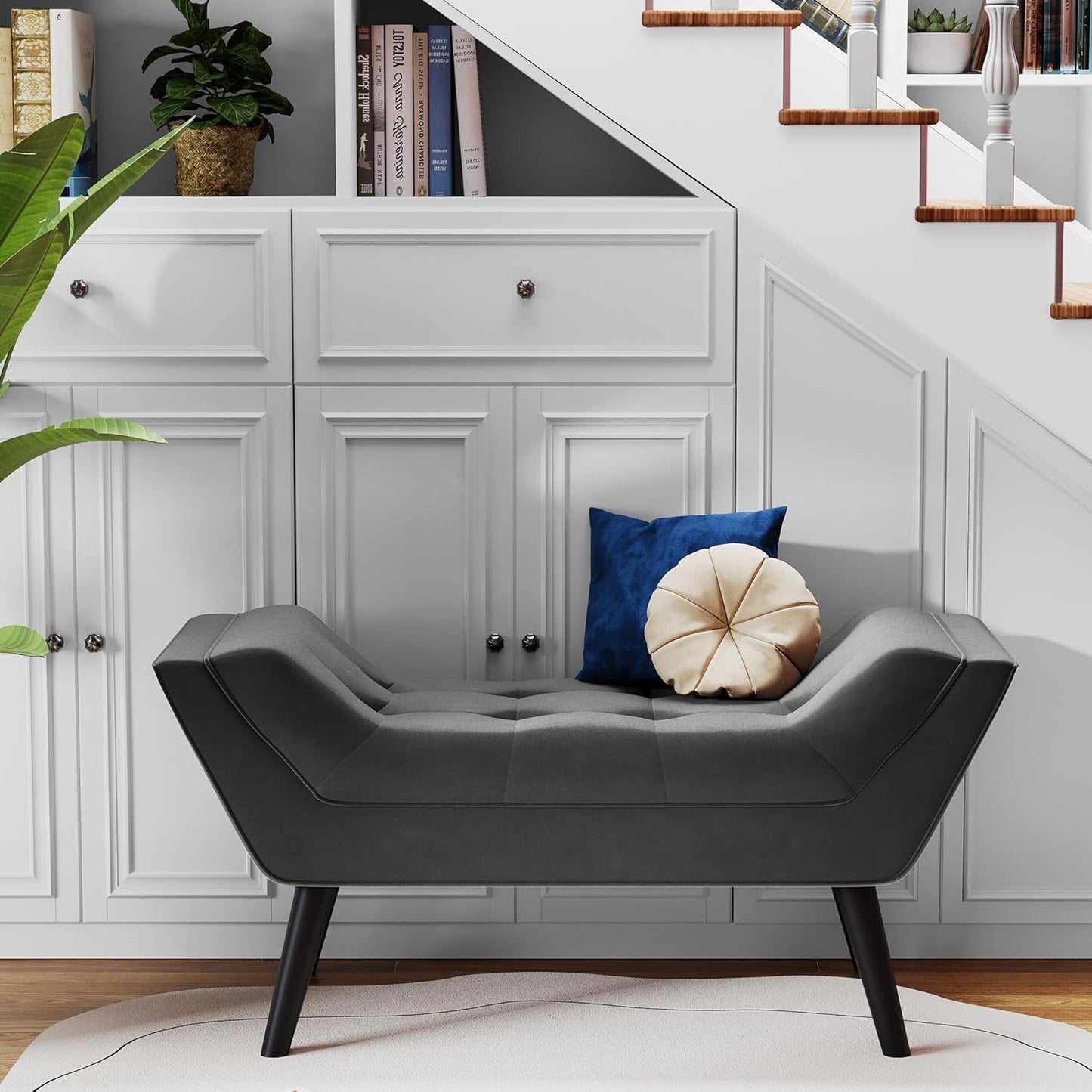 Andeworld Upholstered Tufted Small Cute Bench Ottoman for Entryway Foyer Bathroom Vanity Bedroom (One Seater, Velvet Grey)
