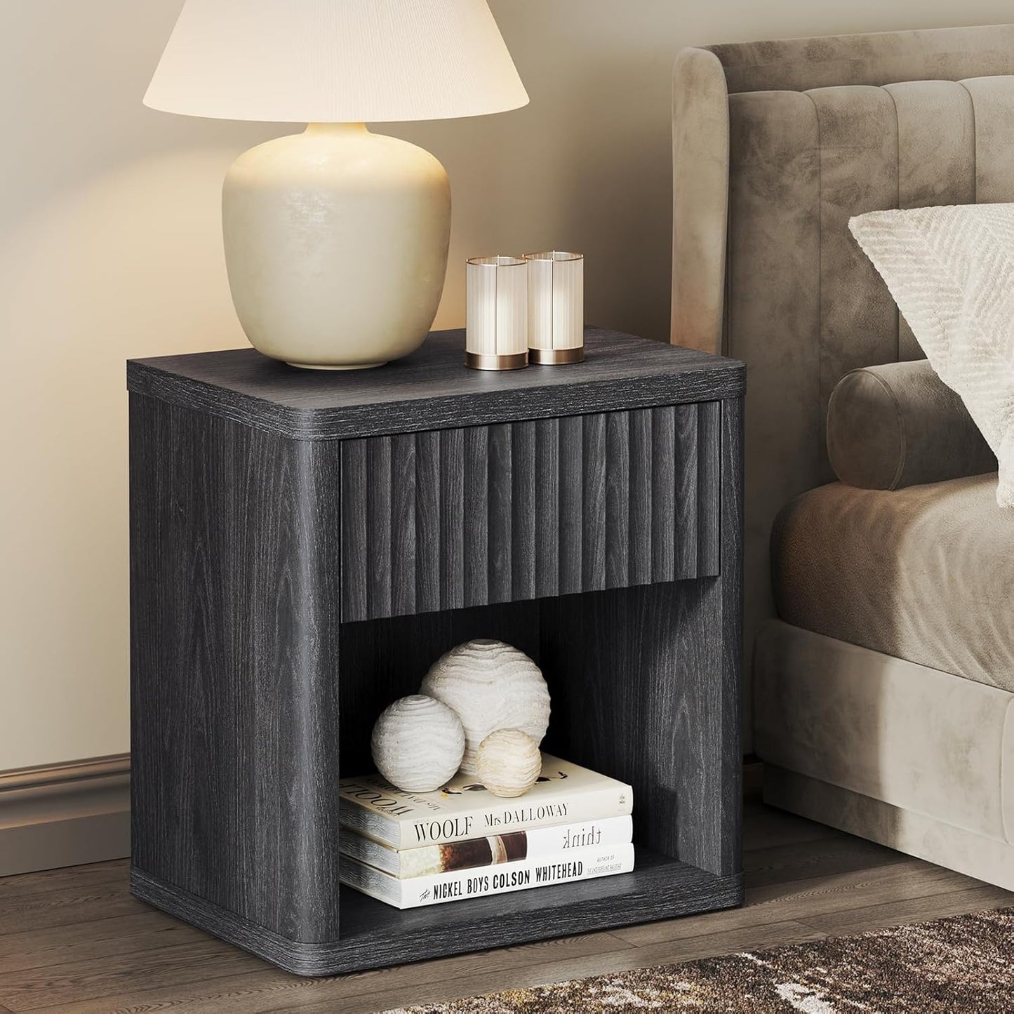 SICOTAS Night Stand Set of 2 Nightstands with Drawer Storage Fluted Bed Side Table End Table Large Modern Wide Bedside Stand Mid Century Night Stands for Bedroom Living Room Sofa Office, White Alder