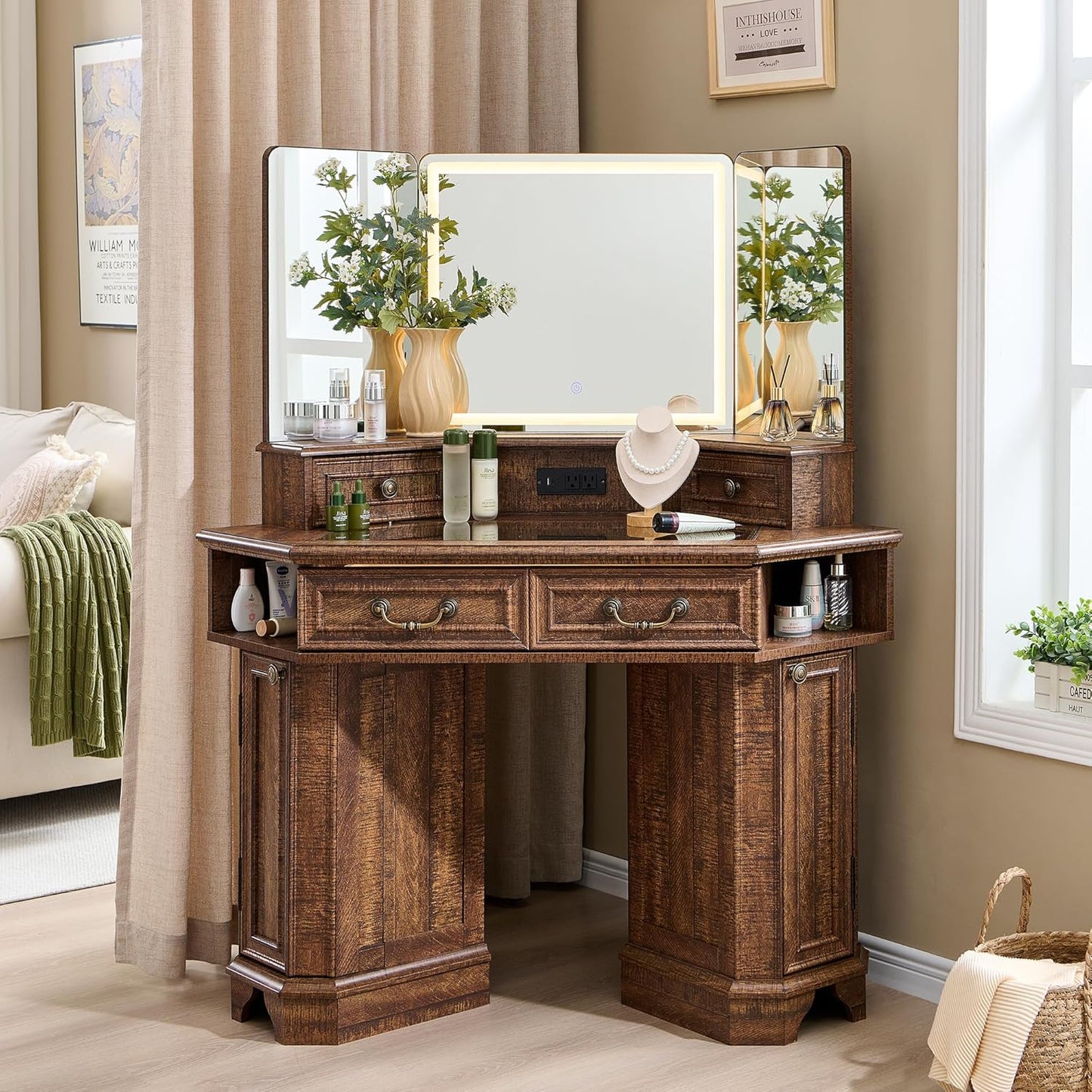 T4TREAM Makeup Vanity Desk 48" with 3 Way Mirror and Lights, Large Farmhouse Corner Vanity Dressing Table with Glass Top & Charging Station, 3 Drawers & 2 Storage Cabinets for Bedroom, Antique White