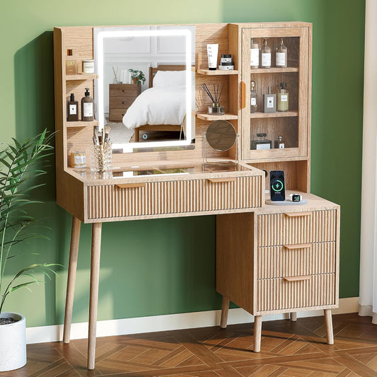 Fluted Makeup Vanity Desk with Mirror and Lights, 5 Drawers Glass Top Makeup Vanity with 10 Storage and 9-Grid Organizer, 3 Color Clear Glass Door Dressing Table with Charging Station, Natural Oak