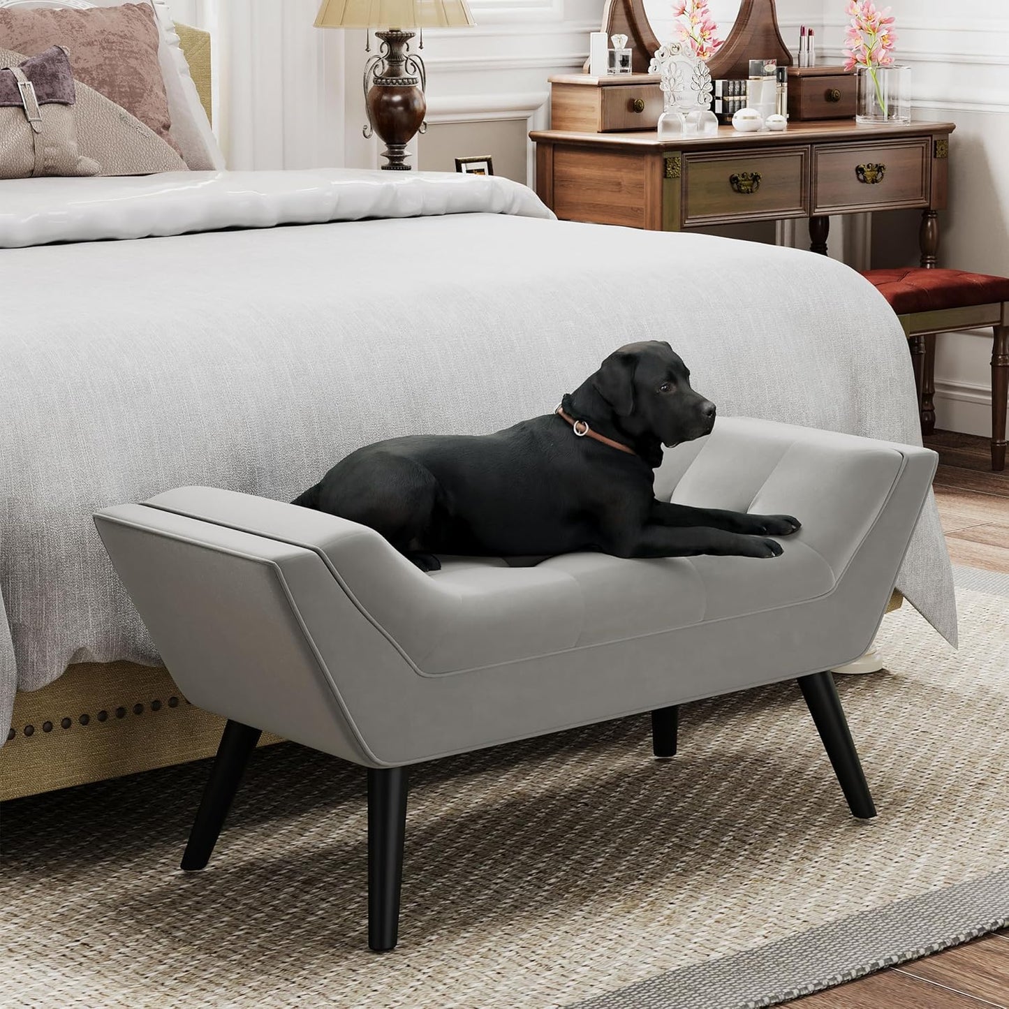 Andeworld Upholstered Tufted Small Cute Bench Ottoman for Entryway Foyer Bathroom Vanity Bedroom (One Seater, Velvet Grey)