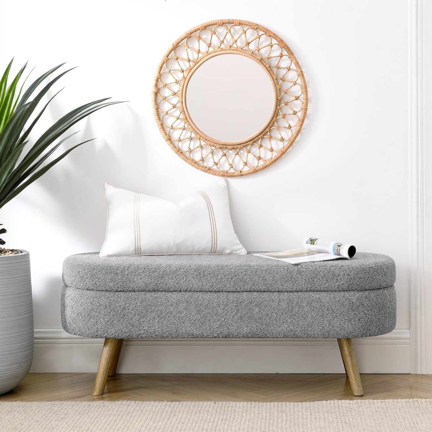 Oval Storage Bench 43.5" Linen Fabric Upholstered Entryway Bench with Solid Wood Legs Ottoman Bench Indoor Bench for Living Room/Bedroom/End of Bed/Entryway (Dark Green)