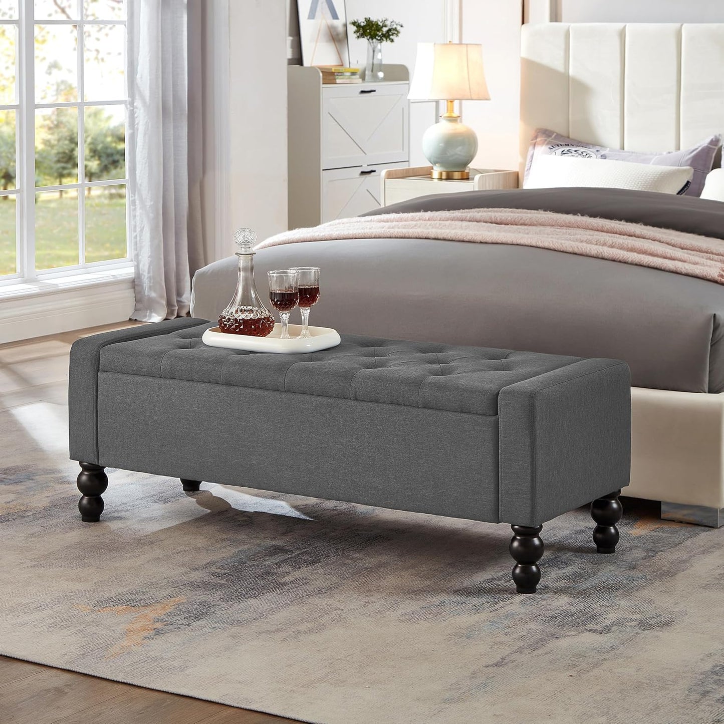 50" W Storage Ottoman Bench with Safety Hinge, Load up to 660 lb Ottoman with Storage, Upholstered Tufted Entryway Bench with Seating for Living Room, Bedroom, Entryway, Beige