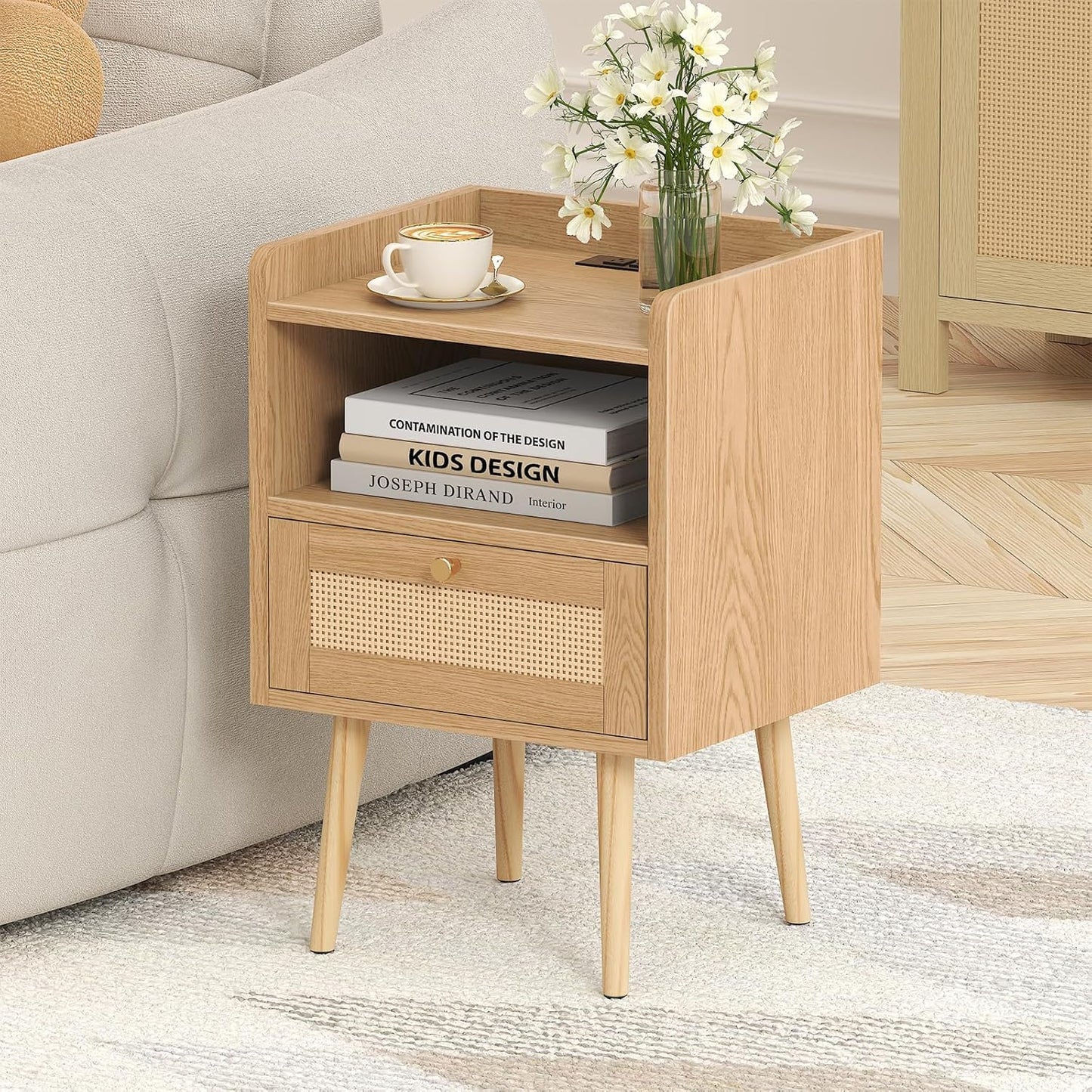 Rattan Nightstand with Charging Station, Mid Century Modern Bed Side Table, Boho End Table with Wood Legs, Bedside Tables for Farmhouse Bedroom Living Room Dorm Sofa Couch Office Corner (2, Natural)