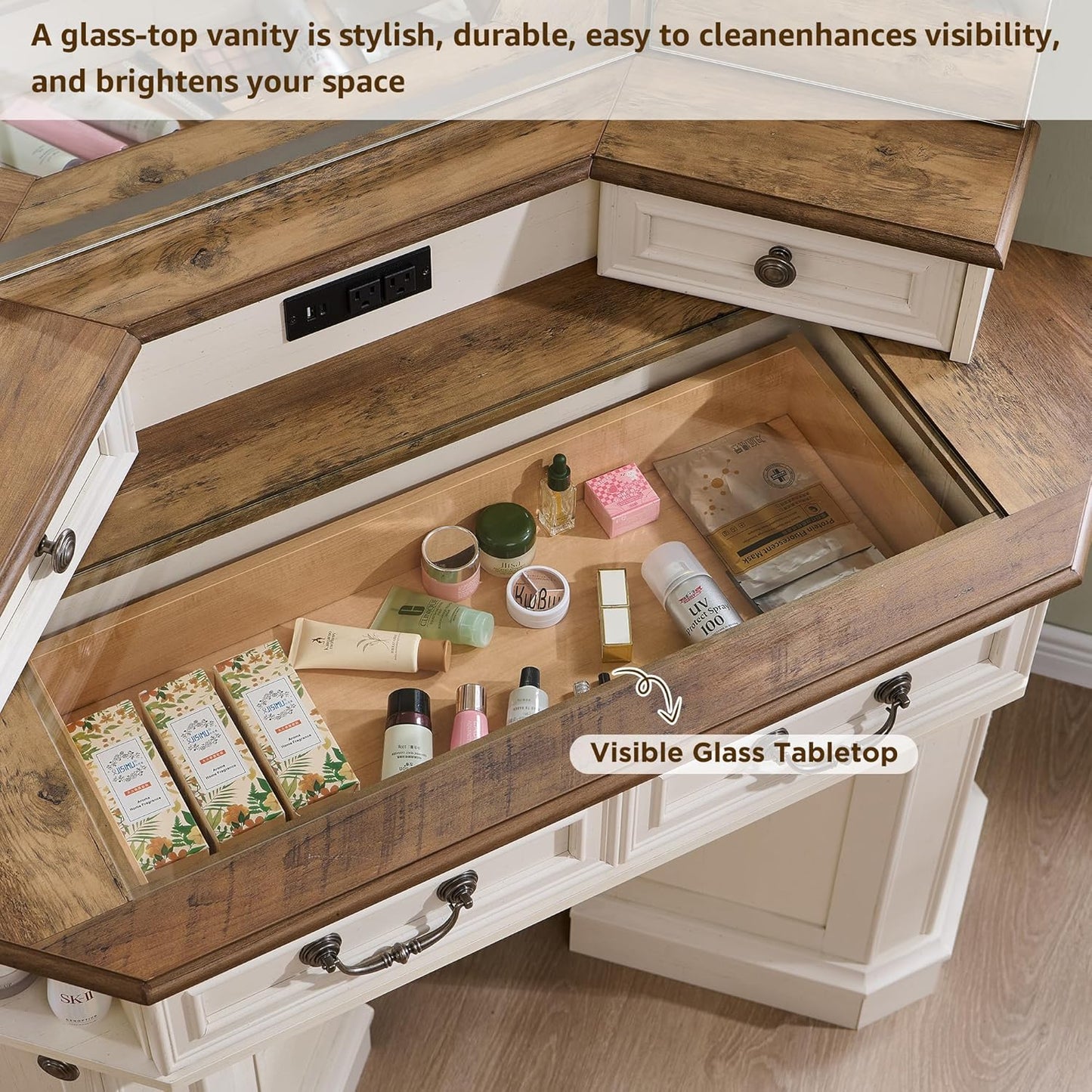 T4TREAM Makeup Vanity Desk 48" with 3 Way Mirror and Lights, Large Farmhouse Corner Vanity Dressing Table with Glass Top & Charging Station, 3 Drawers & 2 Storage Cabinets for Bedroom, Antique White