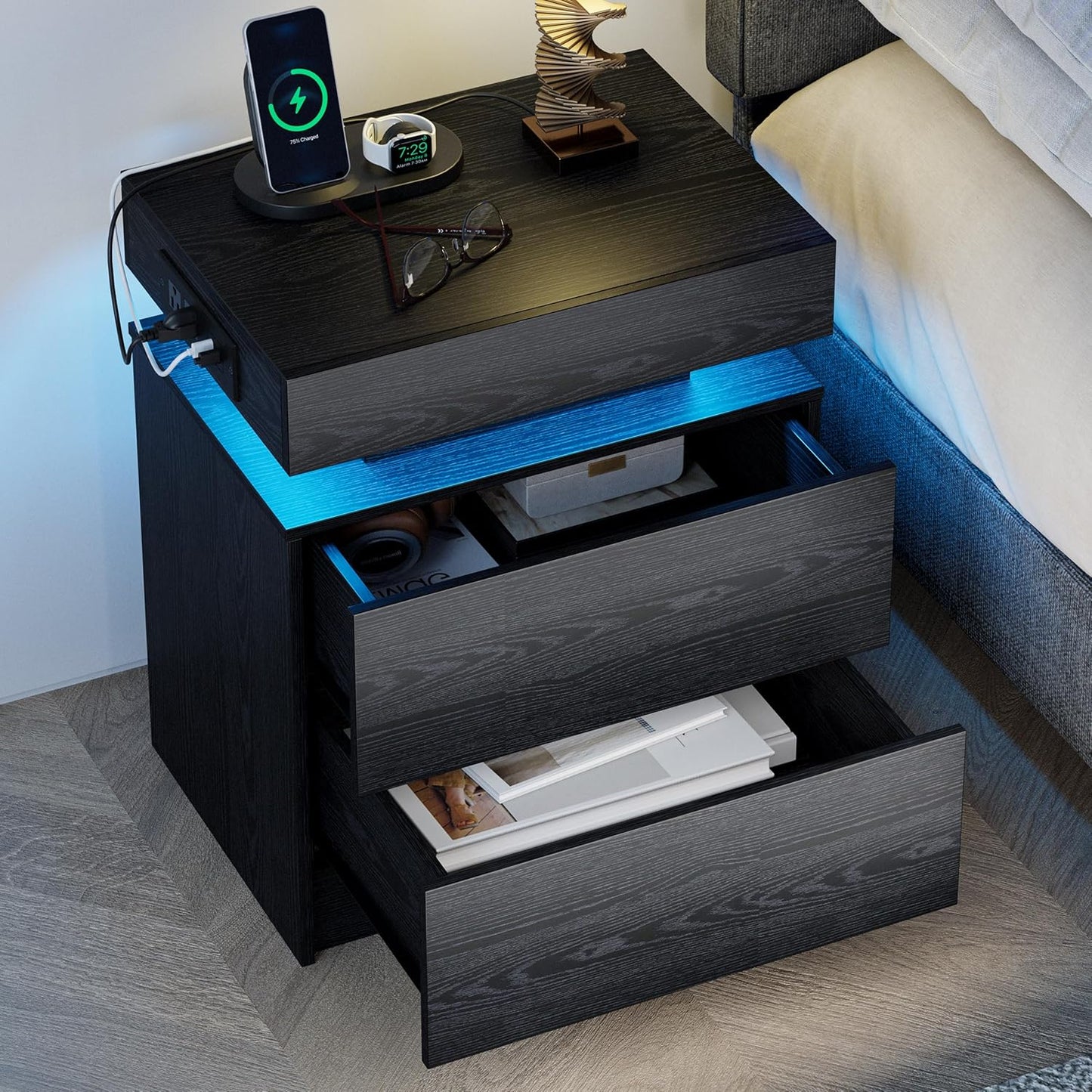 LIKIMIO Night Stand Set of 2, Modern Black Nightstand with with Charging Station, Bedside Tables with LED Light and Drawers, End Table for Bedroom, Livingroom