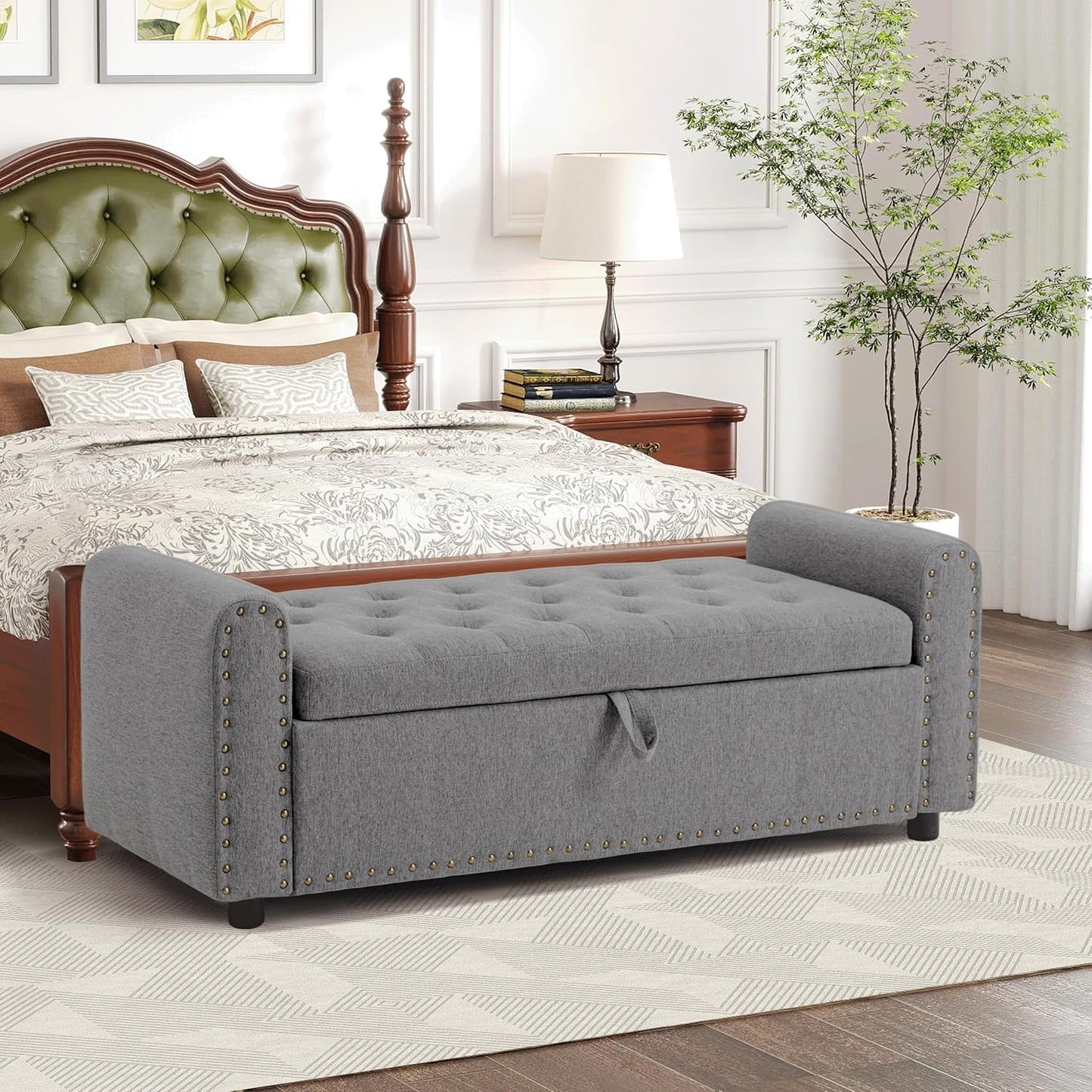 Ottoman with Storage, Tufted Storage Bench for Bedroom, 48" Fabrics End of Bed Bench, Upholstered Entryway Shoe Benches with Rolled Arm & Inner Zipper, Window Ottomans Chest without Rivets, Beige