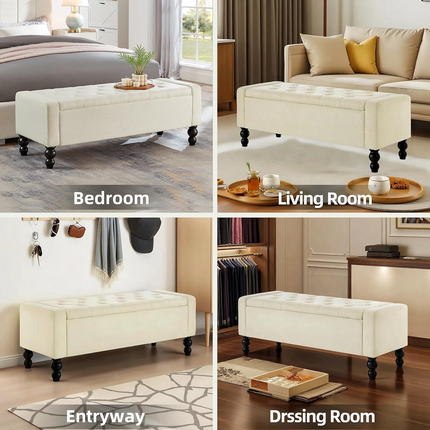 50" W Storage Ottoman Bench with Safety Hinge, Load up to 660 lb Ottoman with Storage, Upholstered Tufted Entryway Bench with Seating for Living Room, Bedroom, Entryway, Beige