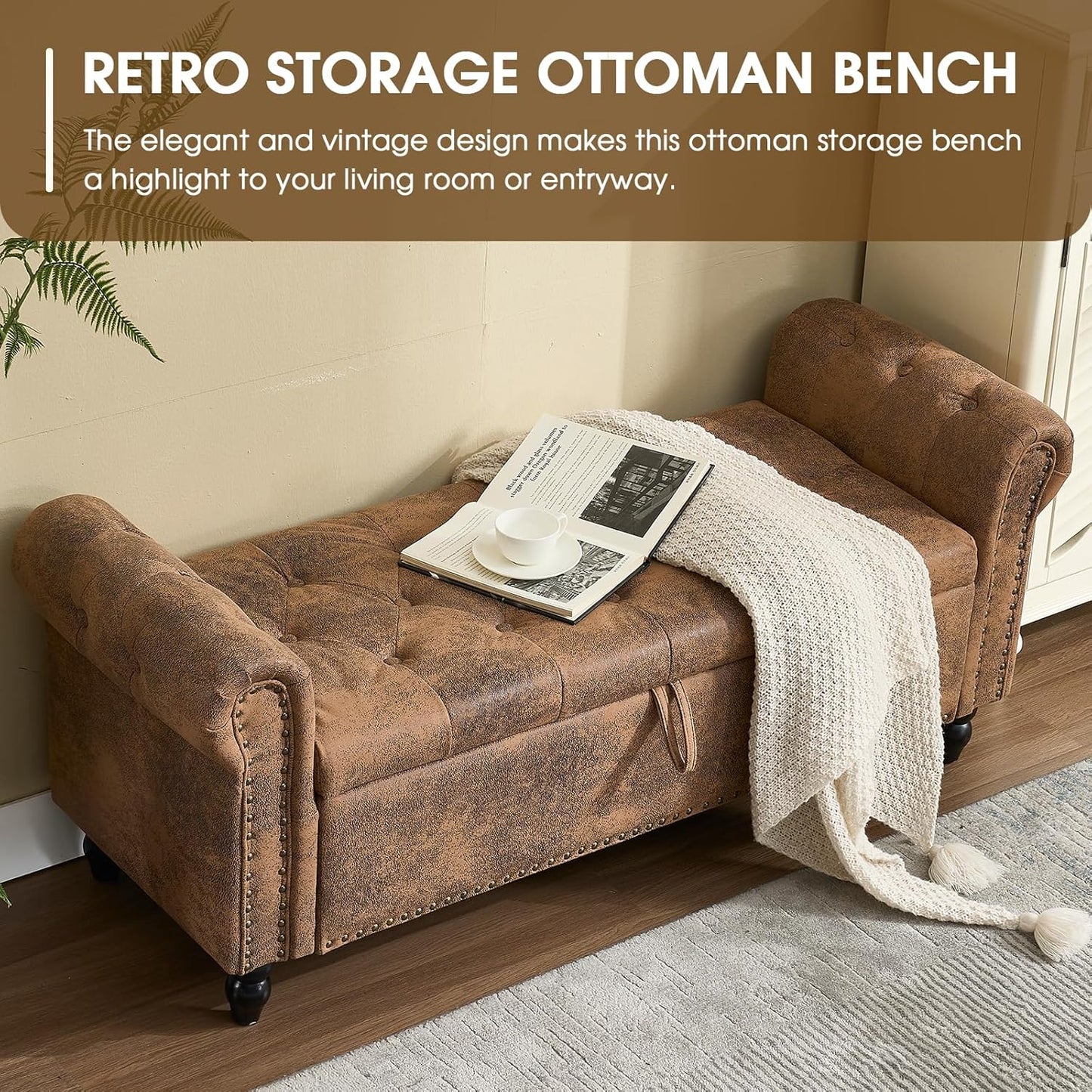 NIOIIKIT 55" Retro Storage Ottoman Bench with Gold Rivet Trim, Suede Upholstered Bed Bench, Tufted Entryway Bench with Rolled Armrest, End Bed Bench for Bedroom, Dressing Room (Coffee Suede)