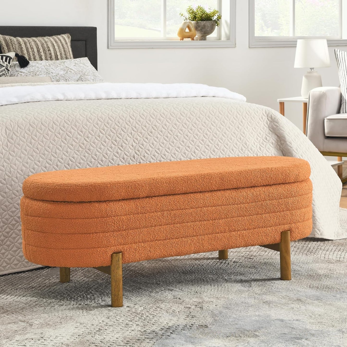 Furniliving Storage Ottoman Bench, Leather Benches End of Bed Bench with Solid Wood Legs Upholstered Ottoman Bench with Storage Indoor Bench for Living Room with Rolled Arm, Entryway, YellowBrown