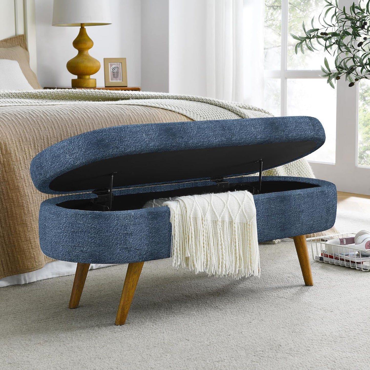 Oval Storage Bench 43.5" Linen Fabric Upholstered Entryway Bench with Solid Wood Legs Ottoman Bench Indoor Bench for Living Room/Bedroom/End of Bed/Entryway (Dark Green)