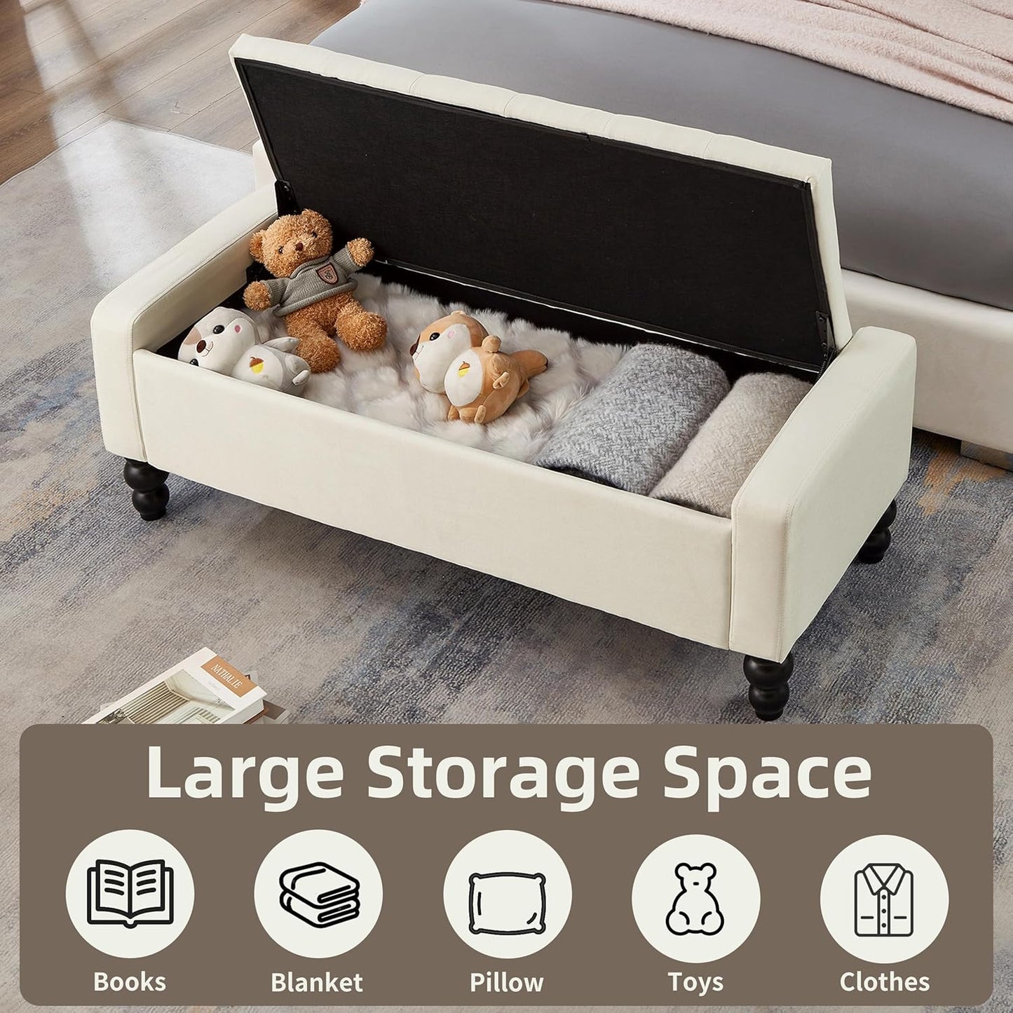 50" W Storage Ottoman Bench with Safety Hinge, Load up to 660 lb Ottoman with Storage, Upholstered Tufted Entryway Bench with Seating for Living Room, Bedroom, Entryway, Beige