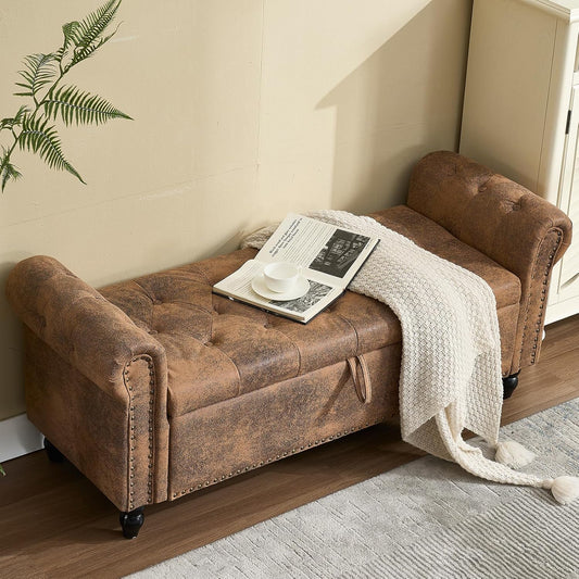 NIOIIKIT 55" Retro Storage Ottoman Bench with Gold Rivet Trim, Suede Upholstered Bed Bench, Tufted Entryway Bench with Rolled Armrest, End Bed Bench for Bedroom, Dressing Room (Coffee Suede)