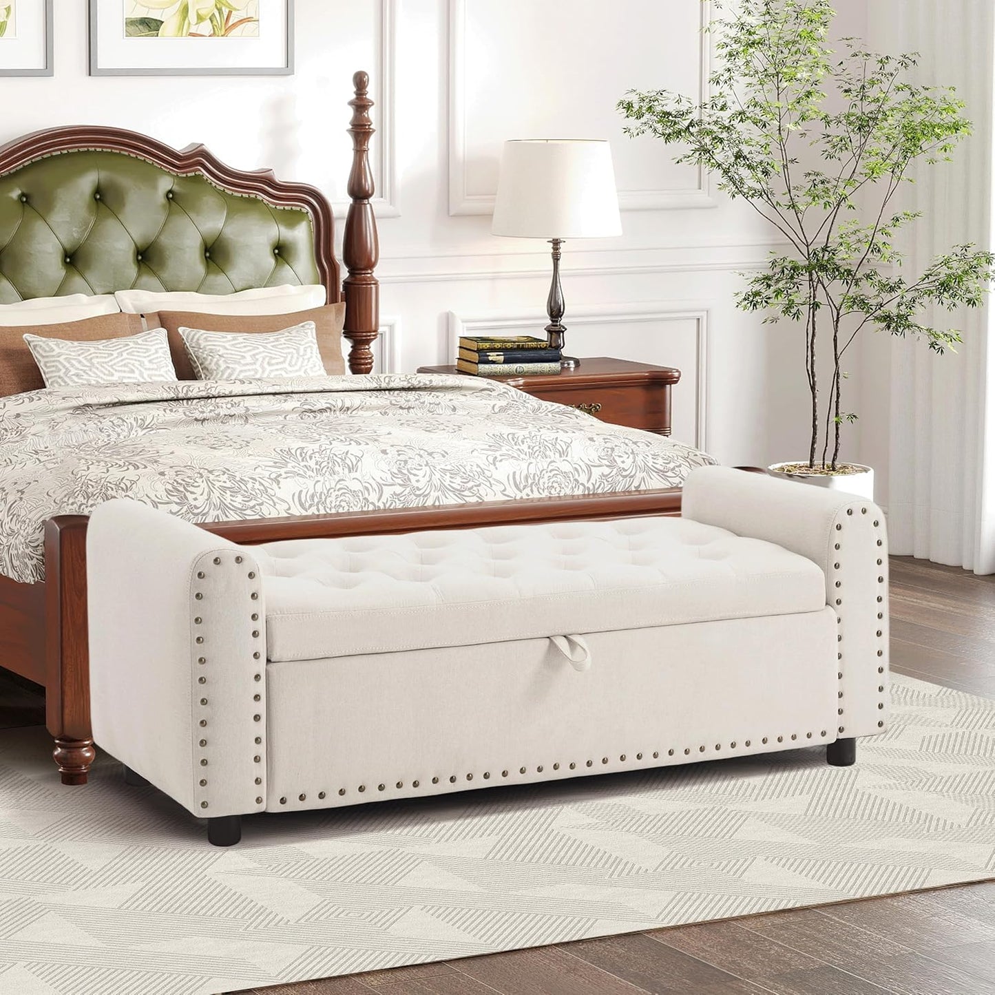 Ottoman with Storage, Tufted Storage Bench for Bedroom, 48" Fabrics End of Bed Bench, Upholstered Entryway Shoe Benches with Rolled Arm & Inner Zipper, Window Ottomans Chest without Rivets, Beige