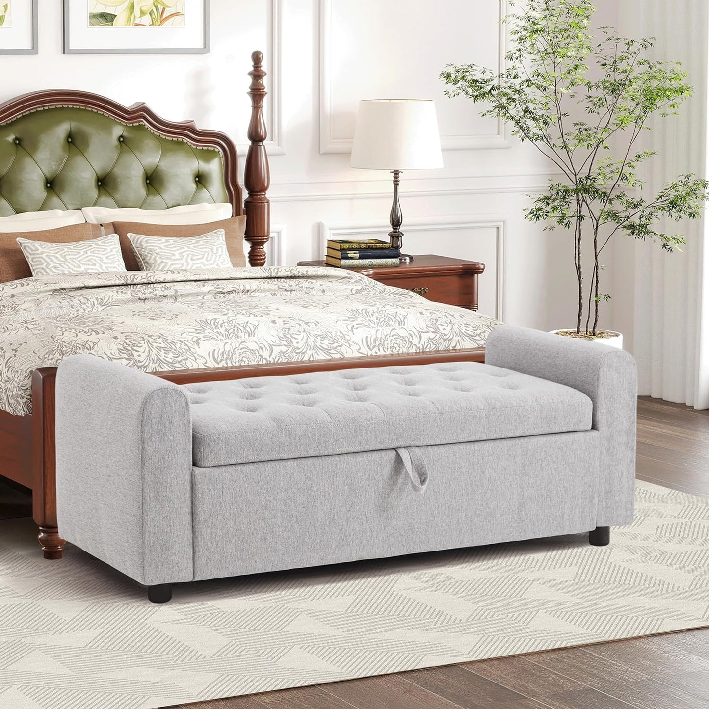 Ottoman with Storage, Tufted Storage Bench for Bedroom, 48" Fabrics End of Bed Bench, Upholstered Entryway Shoe Benches with Rolled Arm & Inner Zipper, Window Ottomans Chest without Rivets, Beige