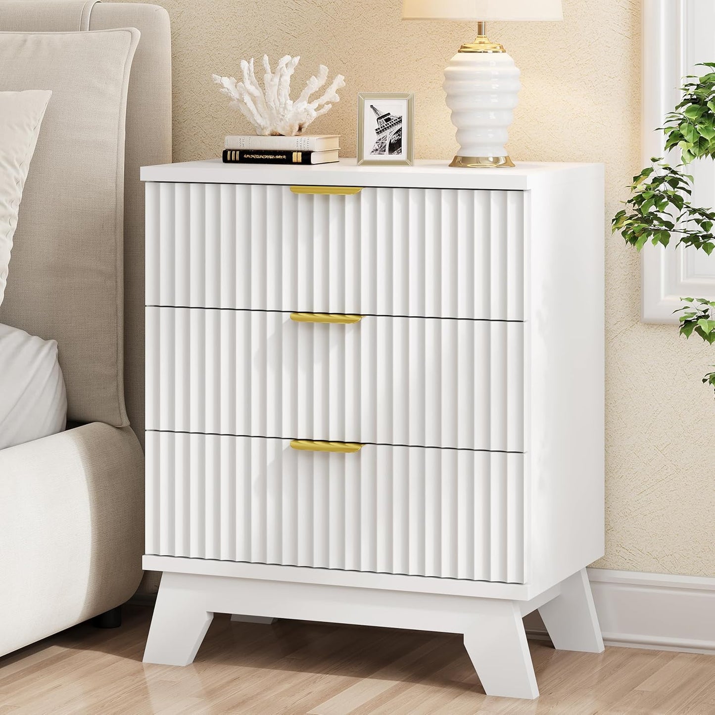 Fluted Nightstand, 24" Wide Side Table with 3 Large Storage Drawers, Mid Century Modern Wood Night Stand with Metal Handle, Wooden Bedside End Table for Bedroom, Living Room, Closet, Black