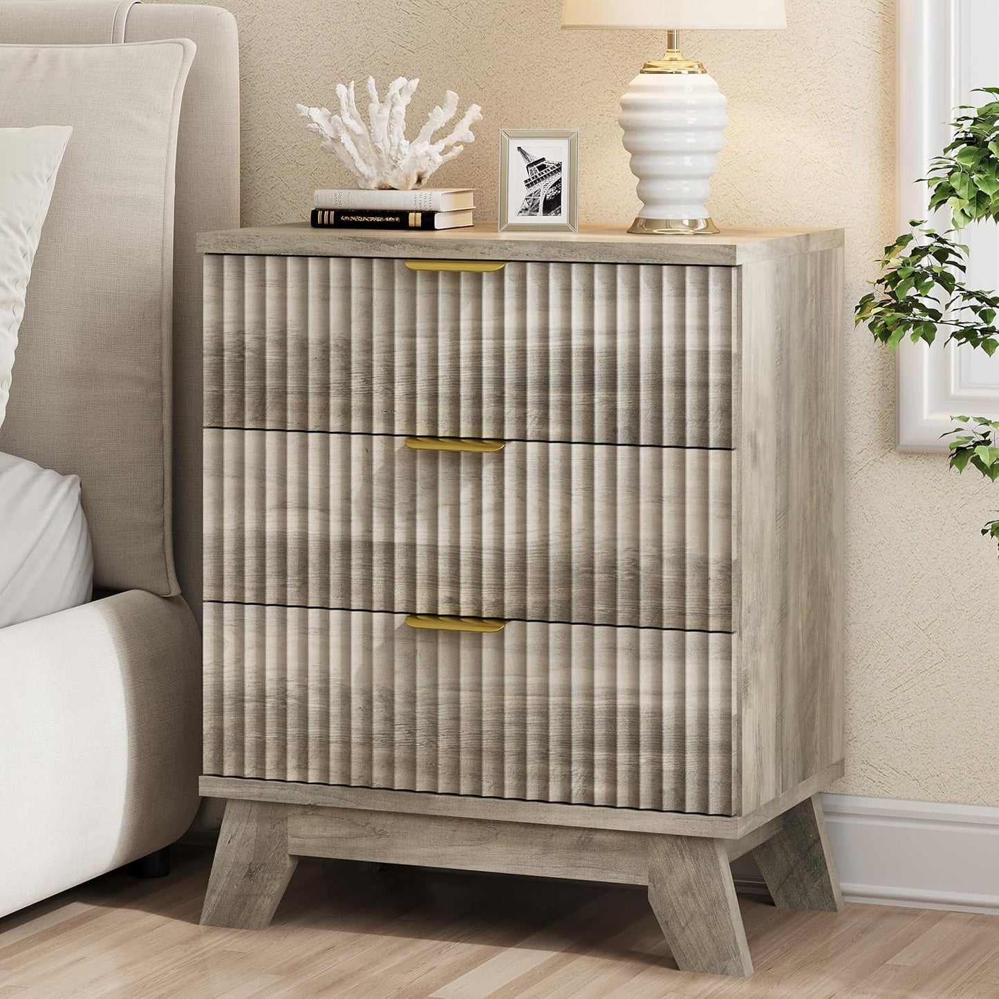 Fluted Nightstand, 24" Wide Side Table with 3 Large Storage Drawers, Mid Century Modern Wood Night Stand with Metal Handle, Wooden Bedside End Table for Bedroom, Living Room, Closet, Black